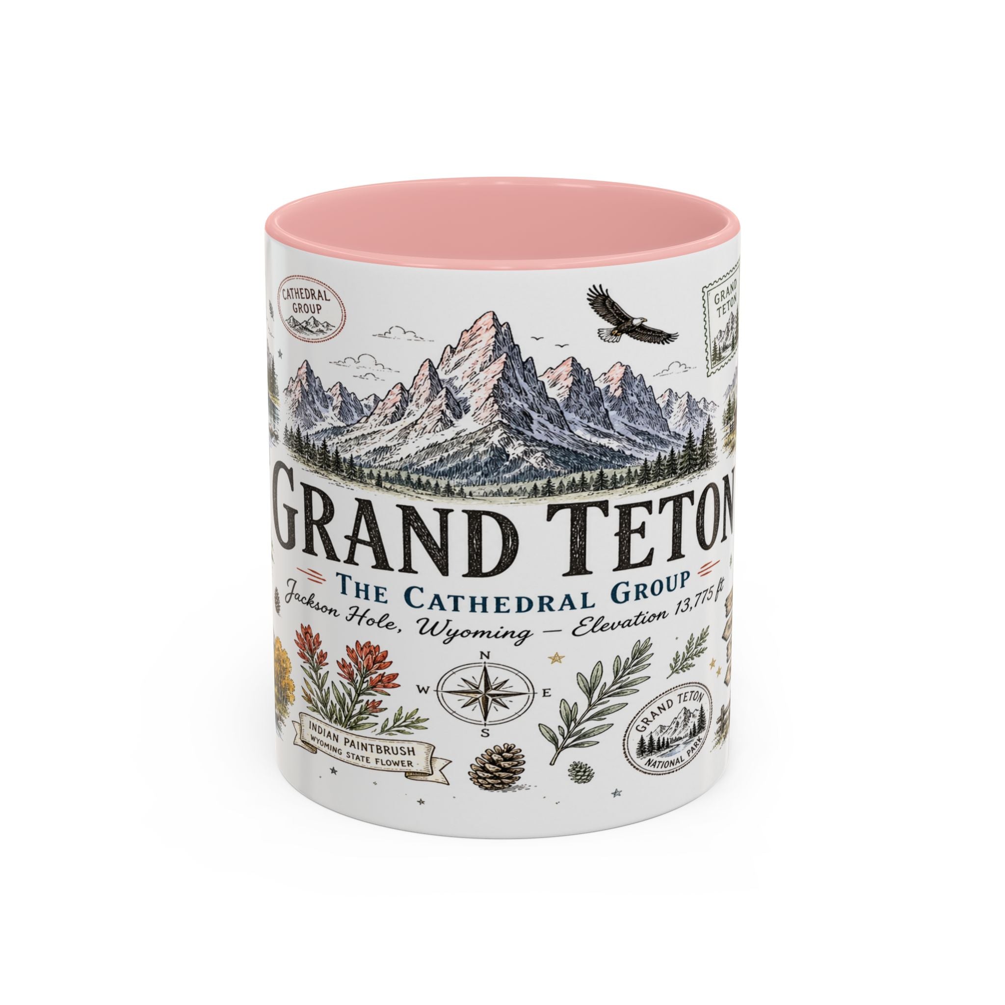 Grand Teton Coffee Mug | National Park Hiking Wyoming Gift | Accent Color Ceramic 11oz 15oz