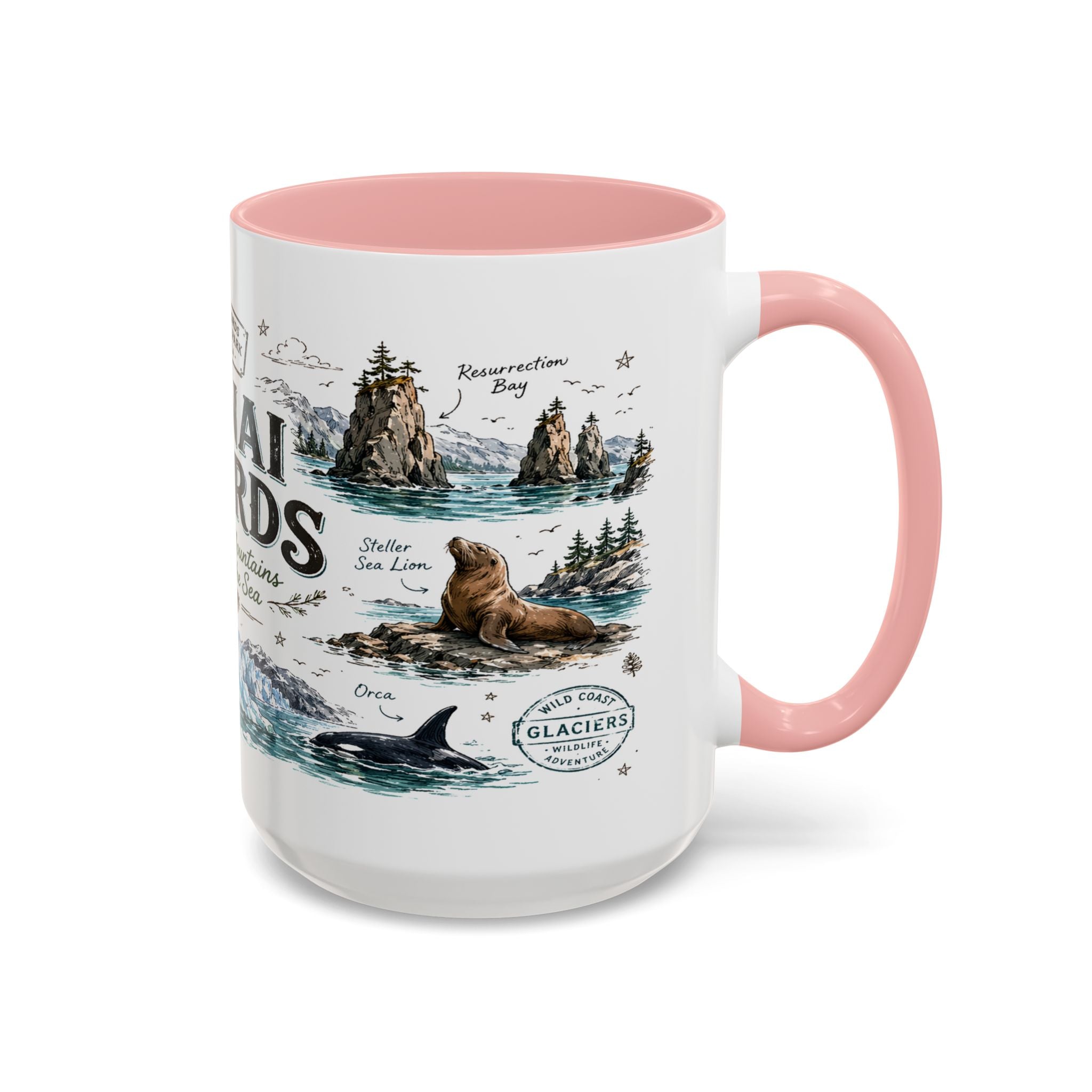 Kenai Fjords National Park Coffee Mug | Alaska Coastal Wildlife Hiking Gift | Accent Color Ceramic 11oz 15oz