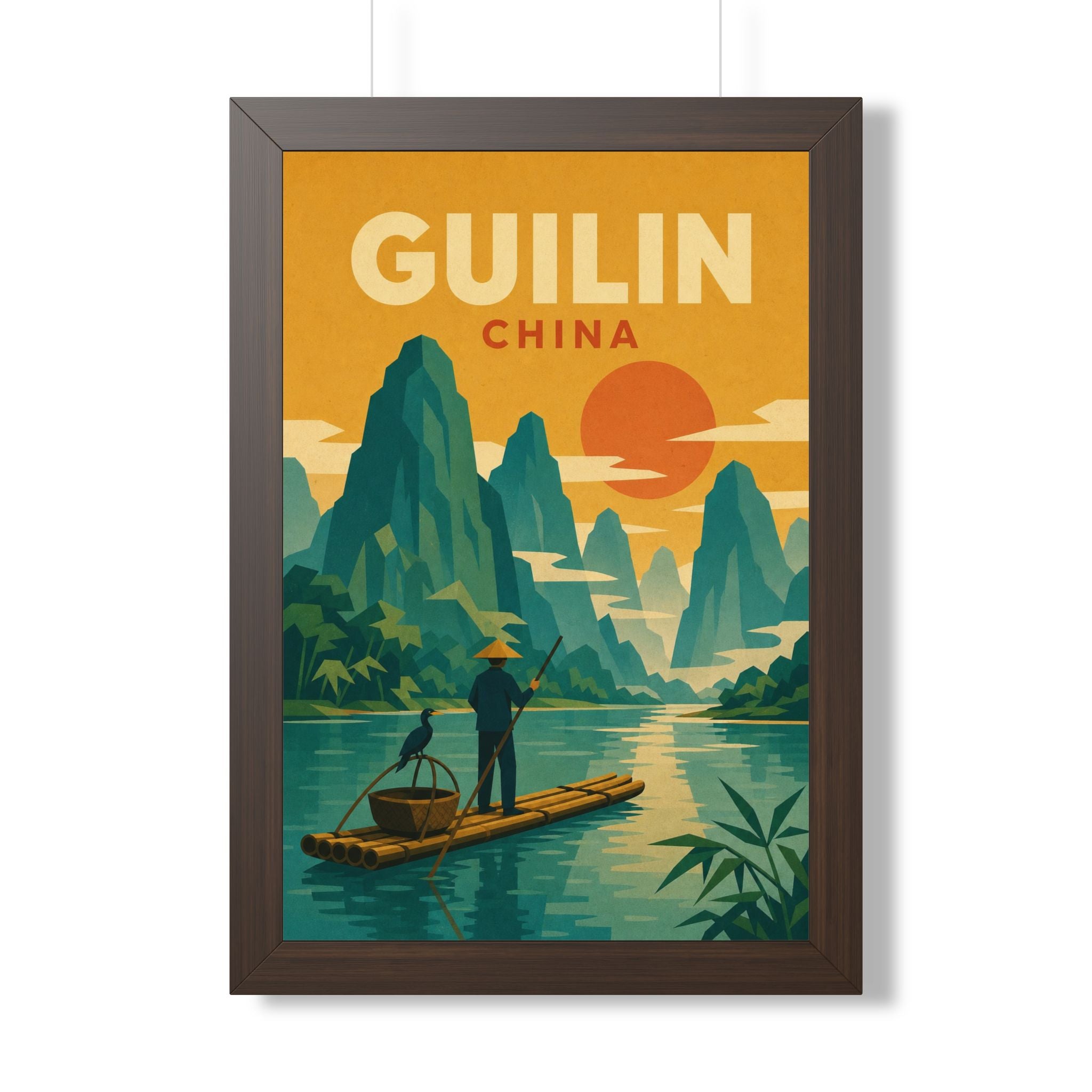 Guilin China Framed Poster | Vintage Travel Wall Art | Black Walnut White Frame | 16x24 20x30