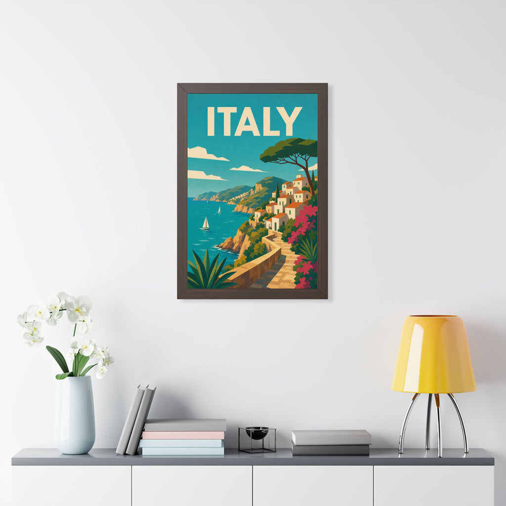 Italian Cliffside Coast Italy Framed Poster | Vintage Travel Wall Art | Black Walnut White Frame | 16x24 20x30