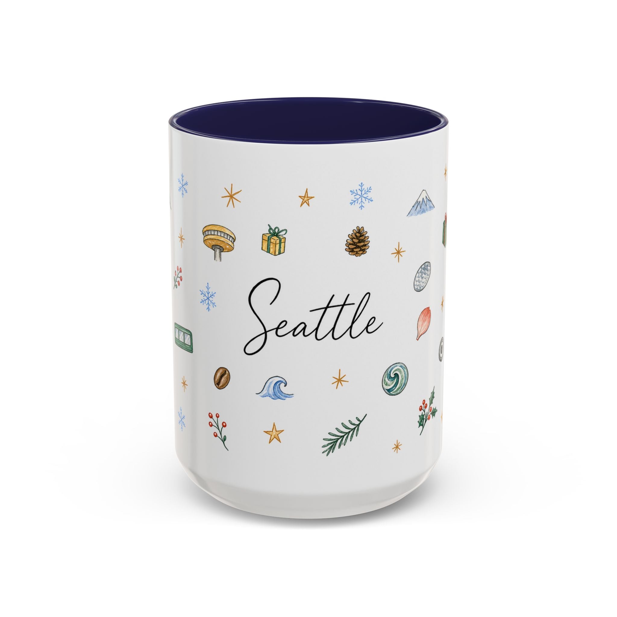 Seattle Christmas Mug | Watercolor Travel Souvenir | Holiday Gift | Accent Ceramic Coffee Cup 11oz 15oz