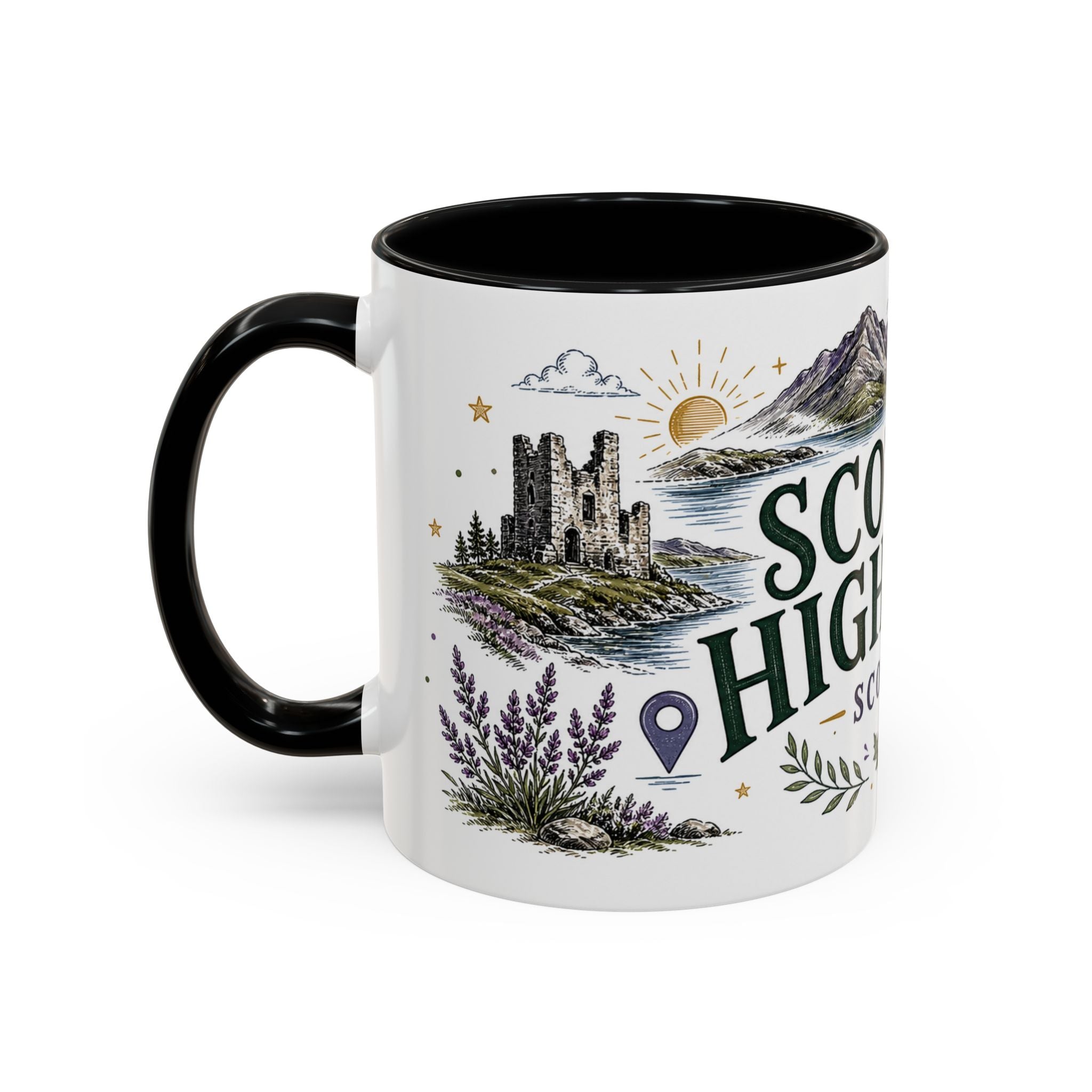 Scottish Highlands Coffee Mug | Travel Destination Souvenir Gift | Accent Color Ceramic 11oz 15oz