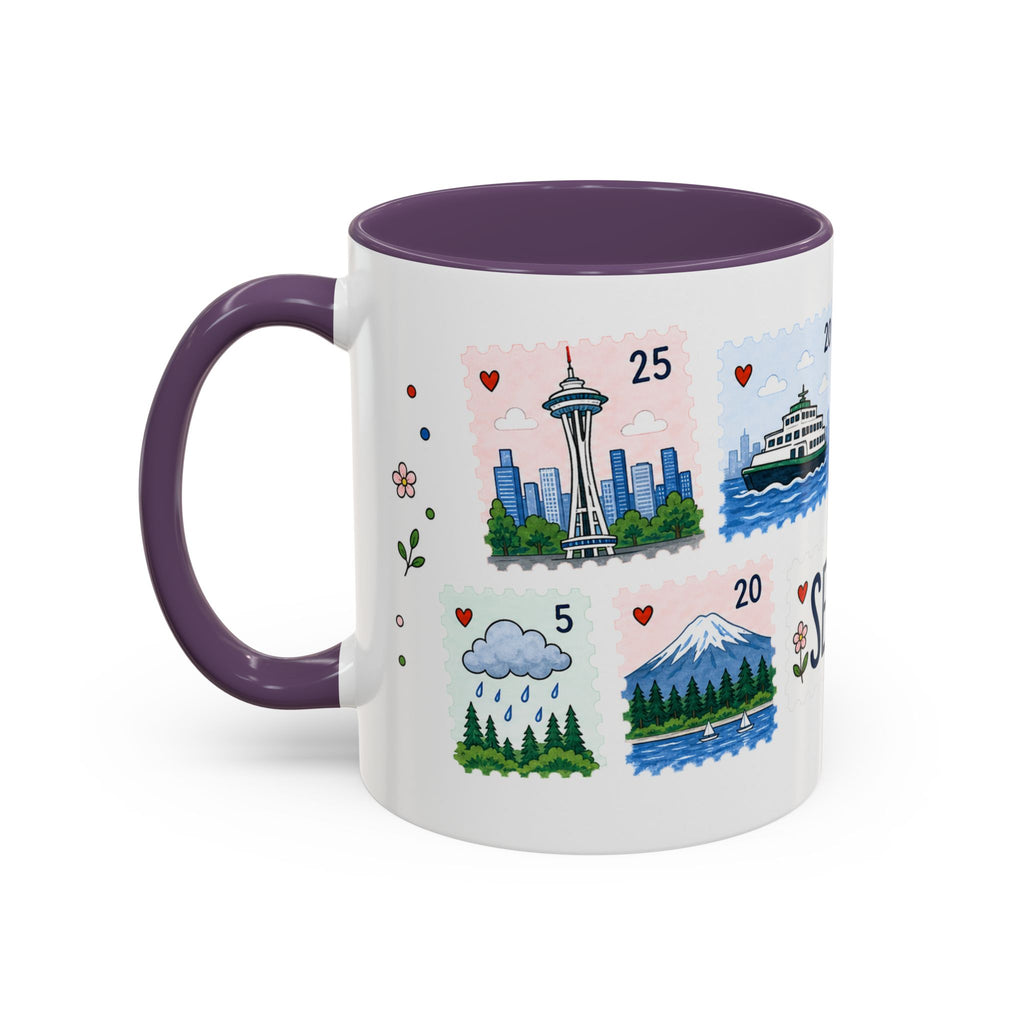 Seattle Coffee Mug | Postage Stamp Collage Mug | Travel Souvenir Accent Cup 11oz 15oz