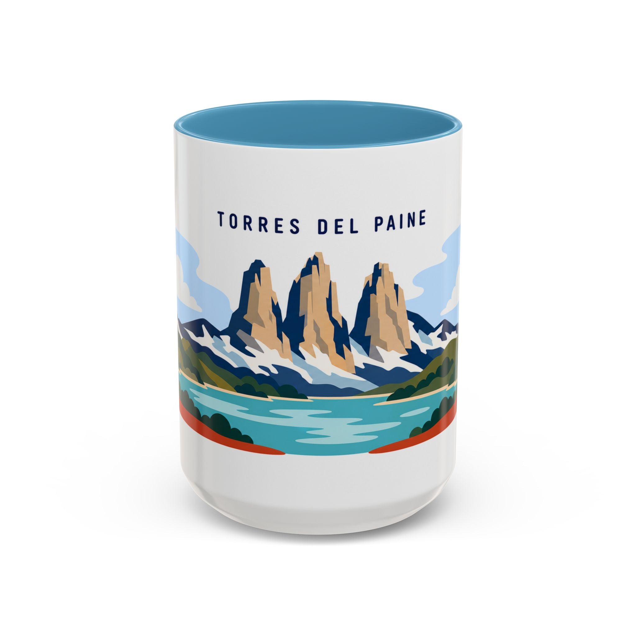 Torres del Paine Coffee Mug | Travel Destination Souvenir Gift | Accent Color Ceramic 11oz 15oz