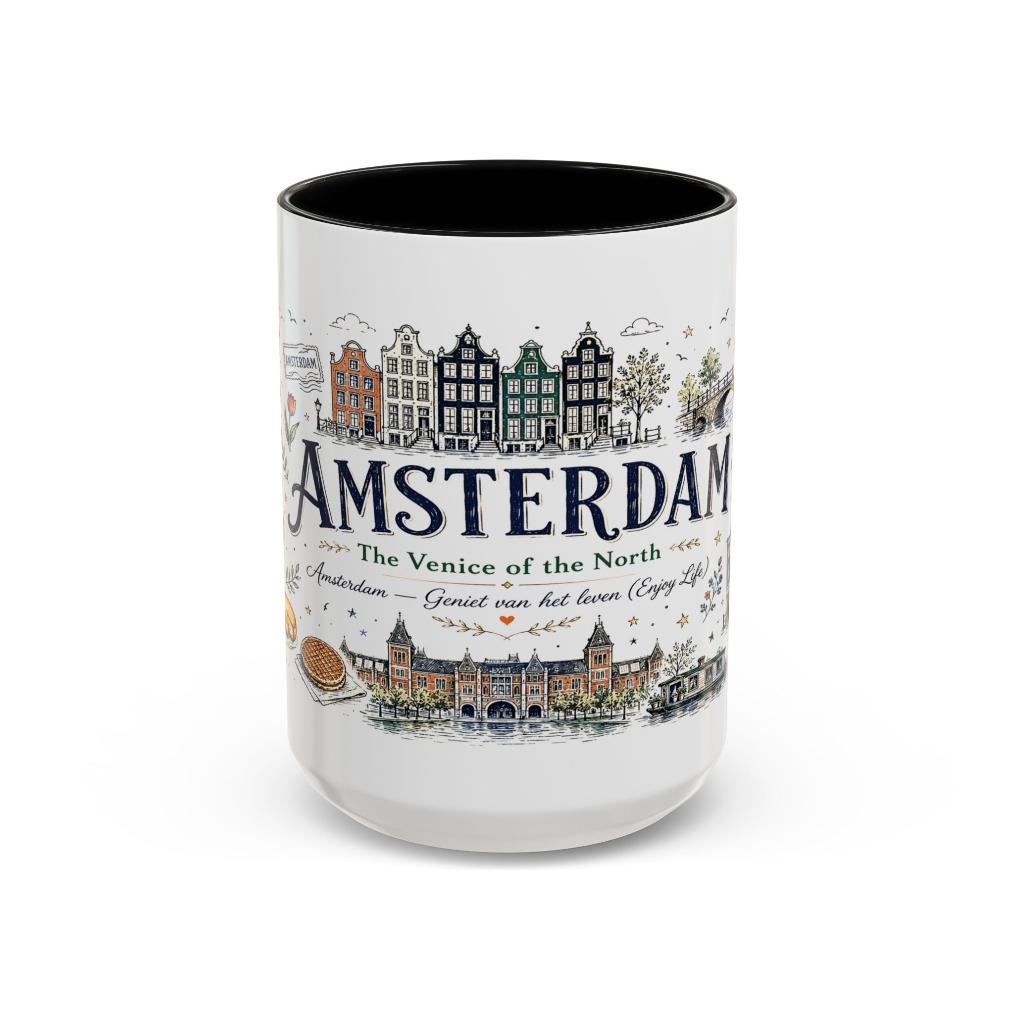 Amsterdam Coffee Mug | Netherlands Souvenir Travel Gift | Accent Color Ceramic 11oz 15oz
