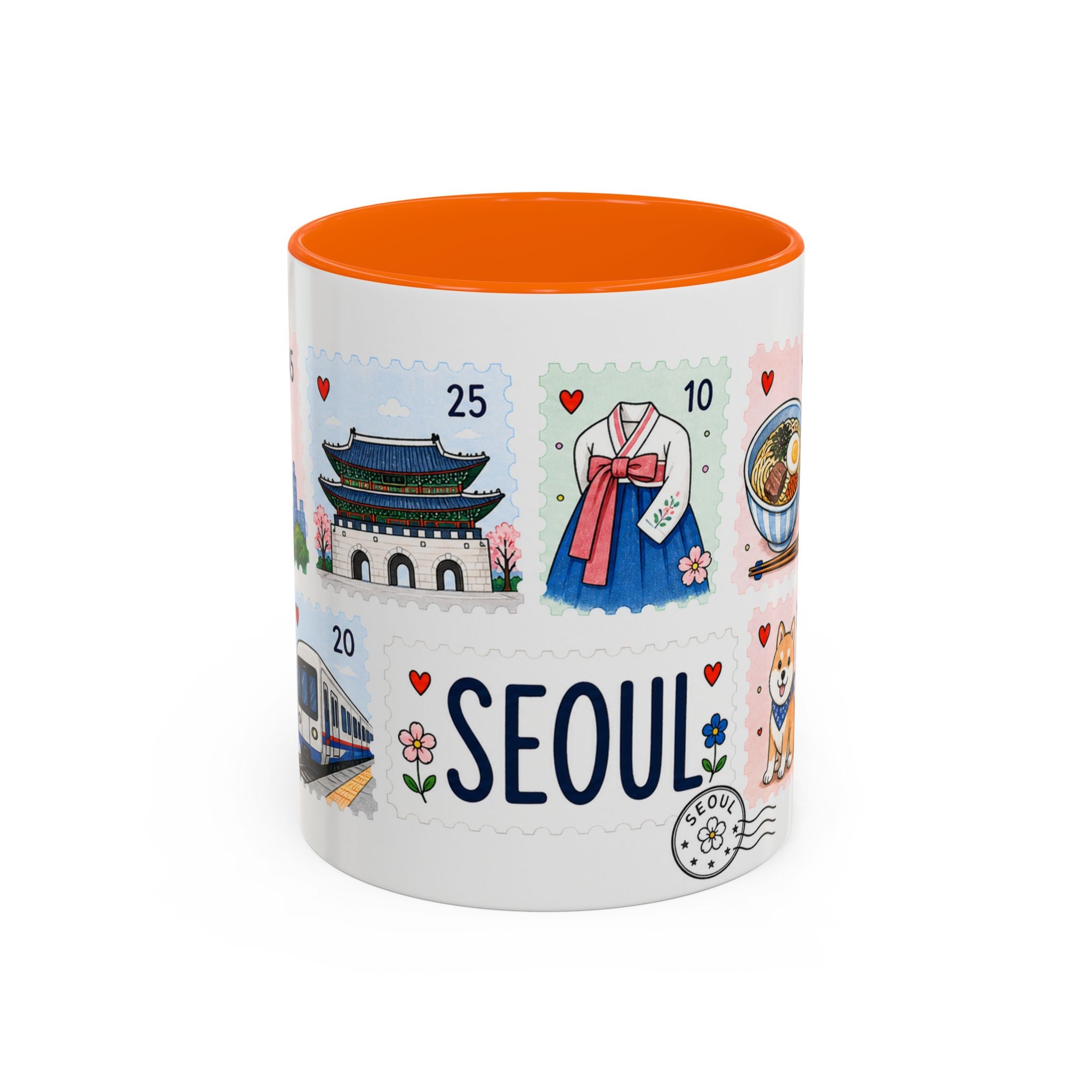 Seoul Coffee Mug | Postage Stamp Collage Mug | Travel Souvenir Accent Cup 11oz 15oz
