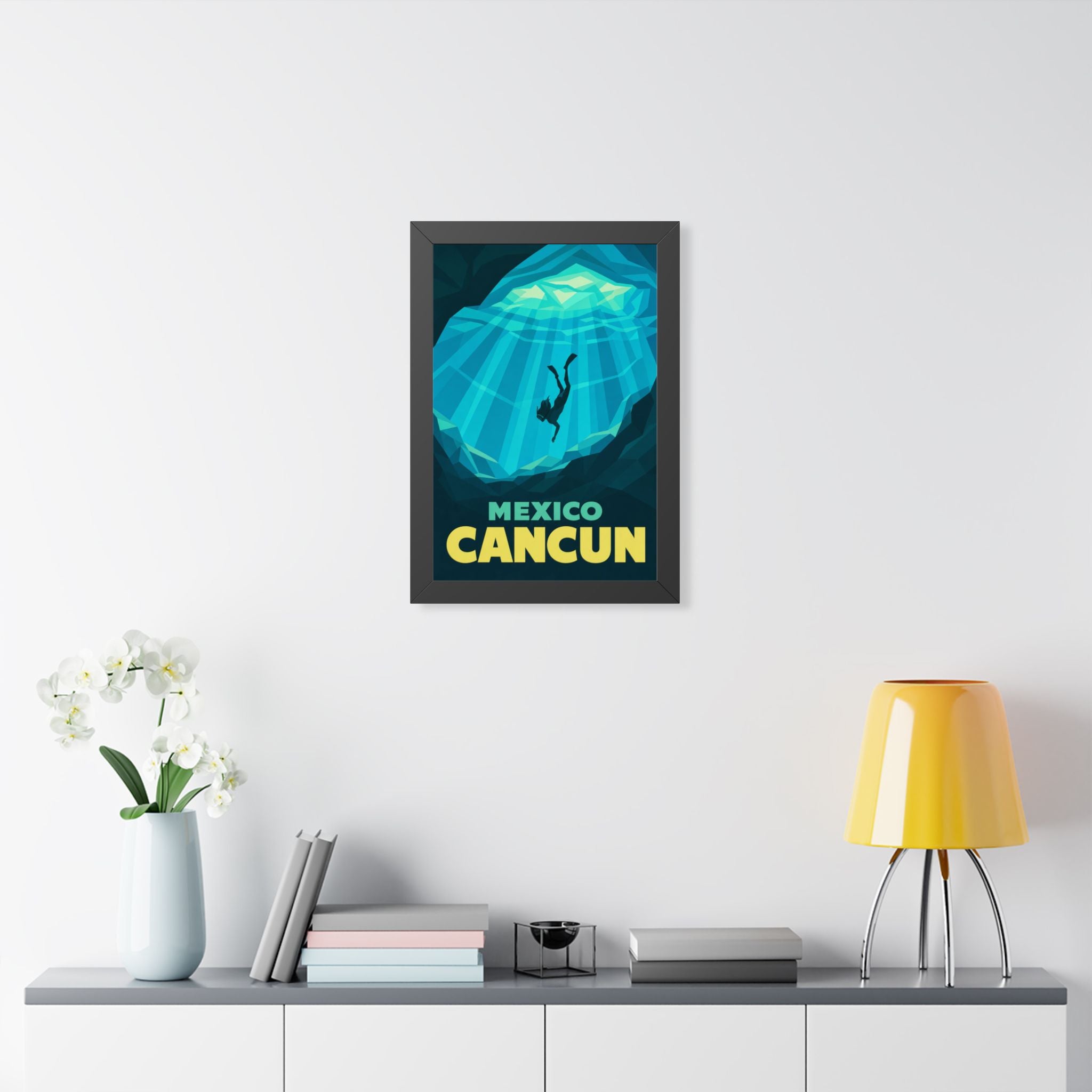 Cancún Cenote Mexico Framed Poster | Vintage Travel Wall Art | Black Walnut White Frame | 16x24 20x30