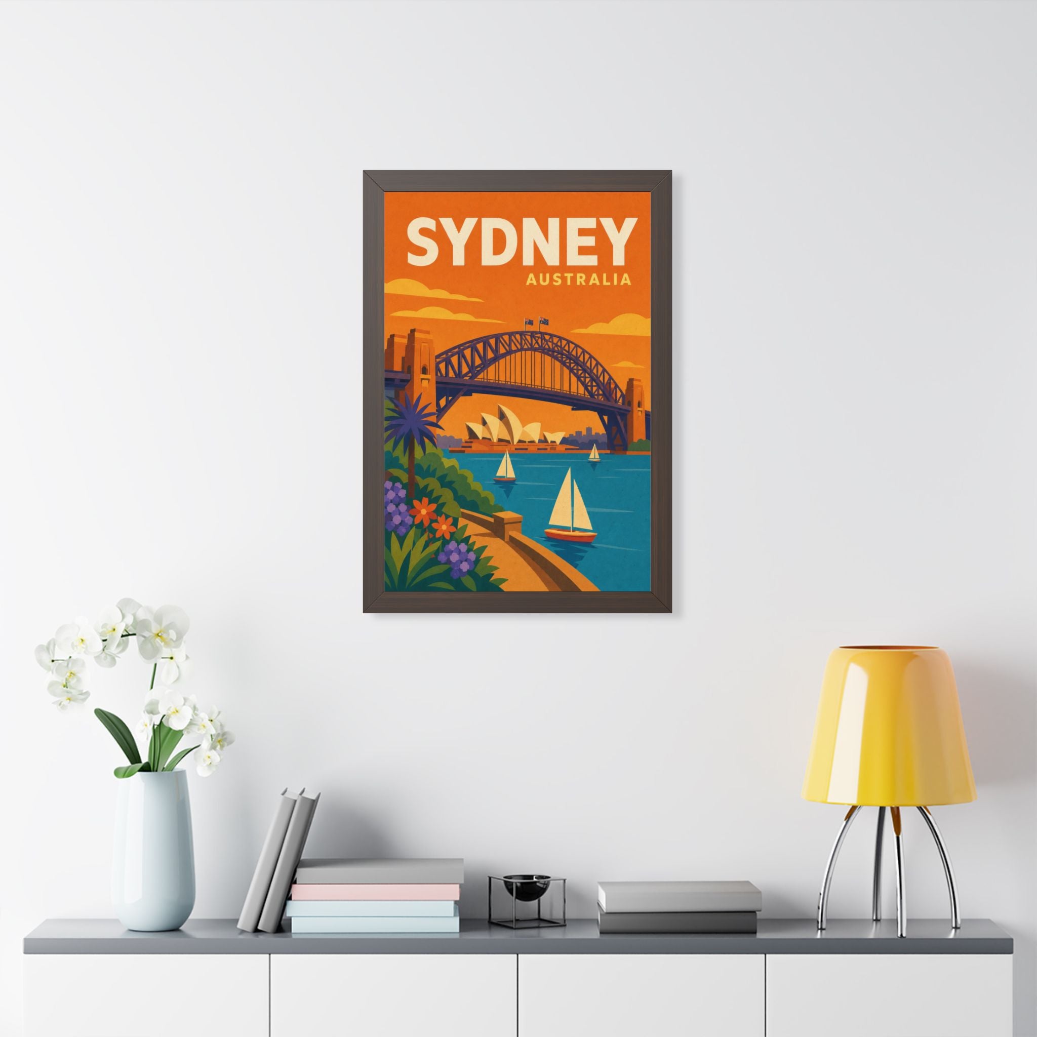 Sydney Harbour Australia Framed Poster | Vintage Travel Wall Art | Black Walnut White Frame | 16x24 20x30