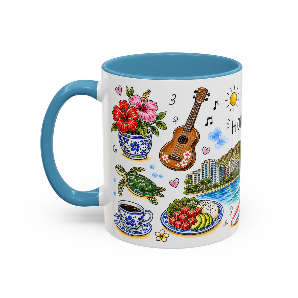 Honolulu Illustrated Travel Mug | City Souvenir Accent Coffee Mug | 11oz 15oz Ceramic Cup