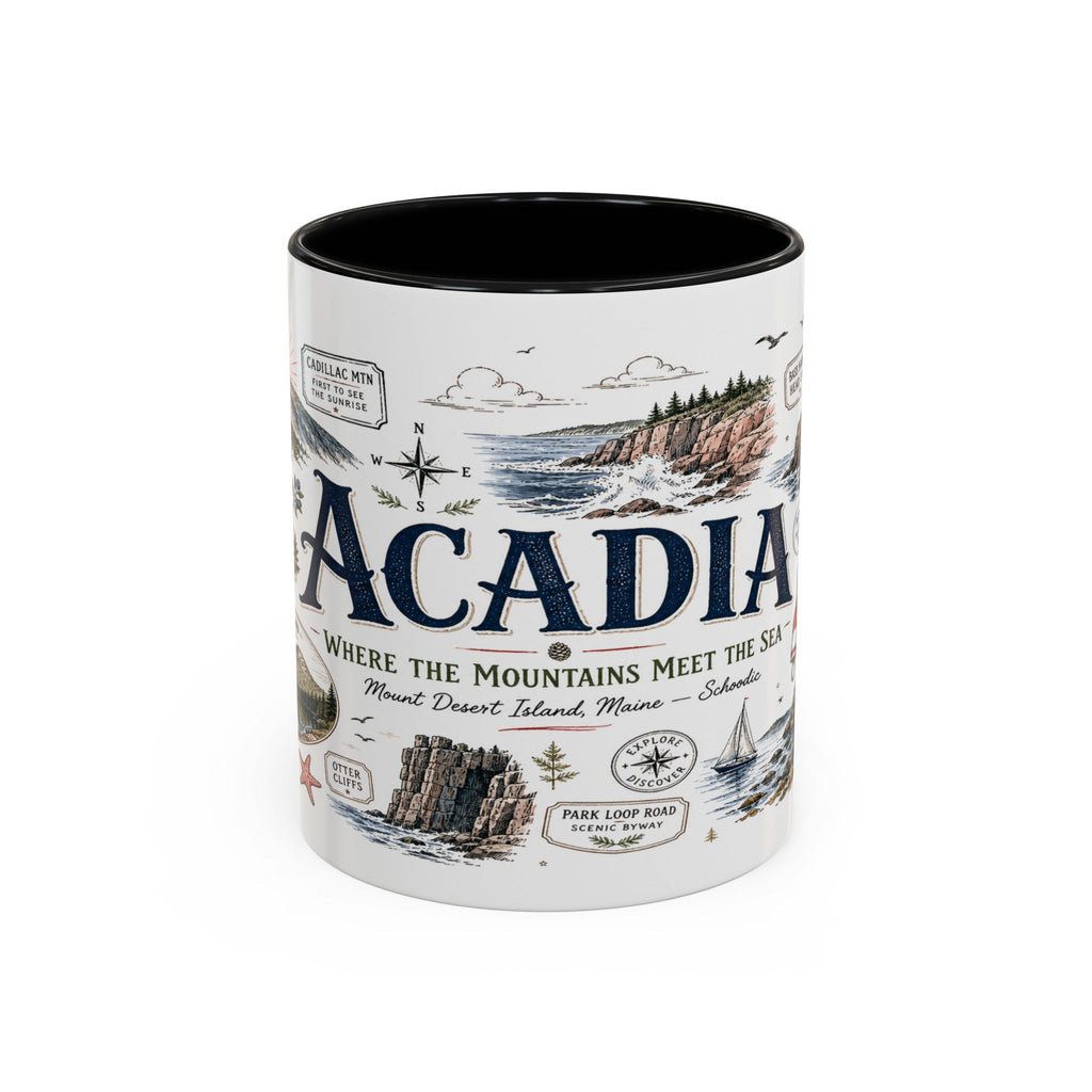 Acadia Coffee Mug | National Park Hiking Coastal Gift | Accent Color Ceramic 11oz 15oz
