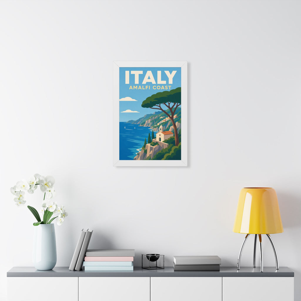 Amalfi Coast Italy Framed Poster | Vintage Travel Wall Art | Black Walnut White Frame | 16x24 20x30
