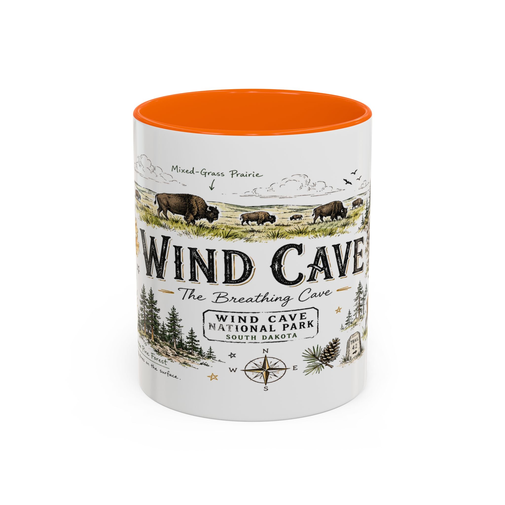 Wind Cave National Park Coffee Mug | South Dakota Cave Bison Prairie Gift | Accent Color Ceramic 11oz 15oz