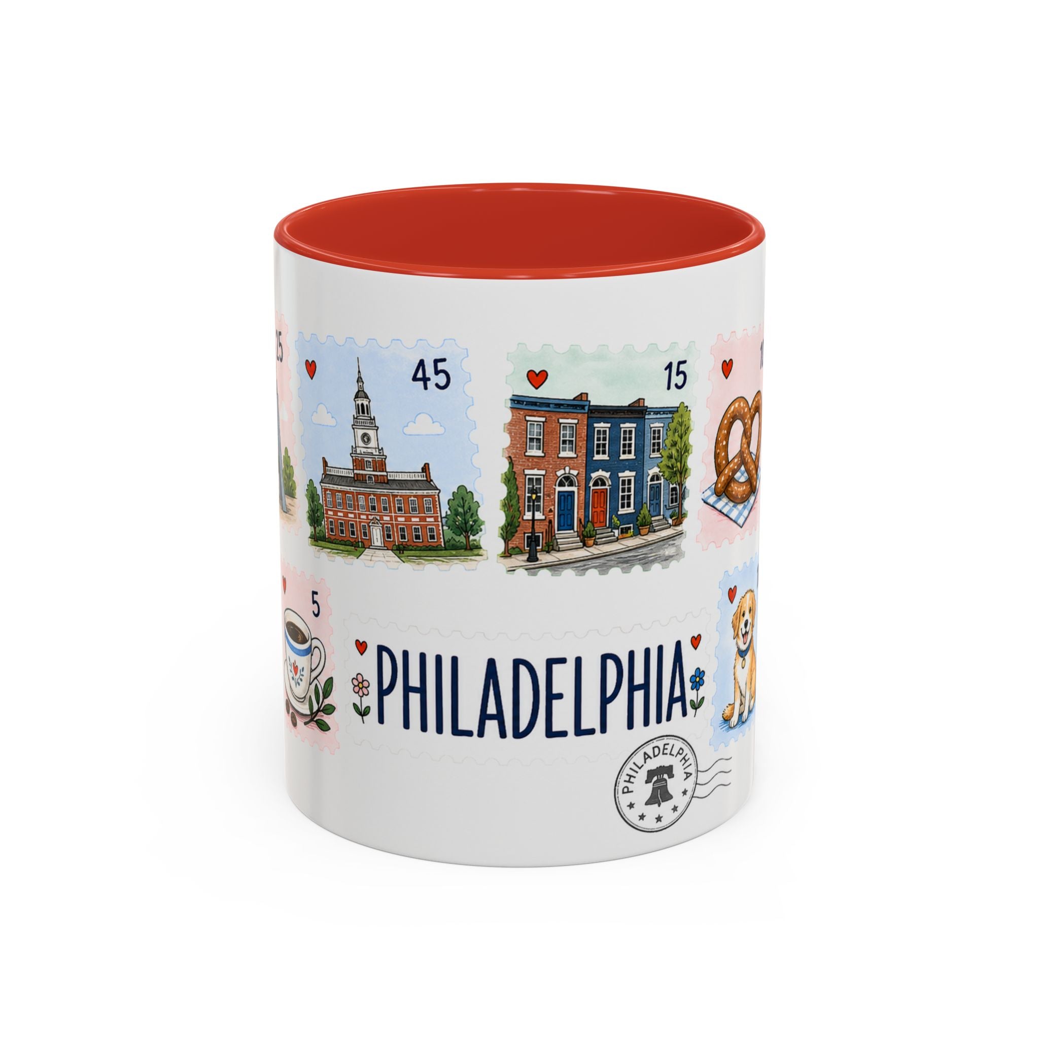Philadelphia Coffee Mug | Postage Stamp Collage Mug | Travel Souvenir Accent Cup 11oz 15oz