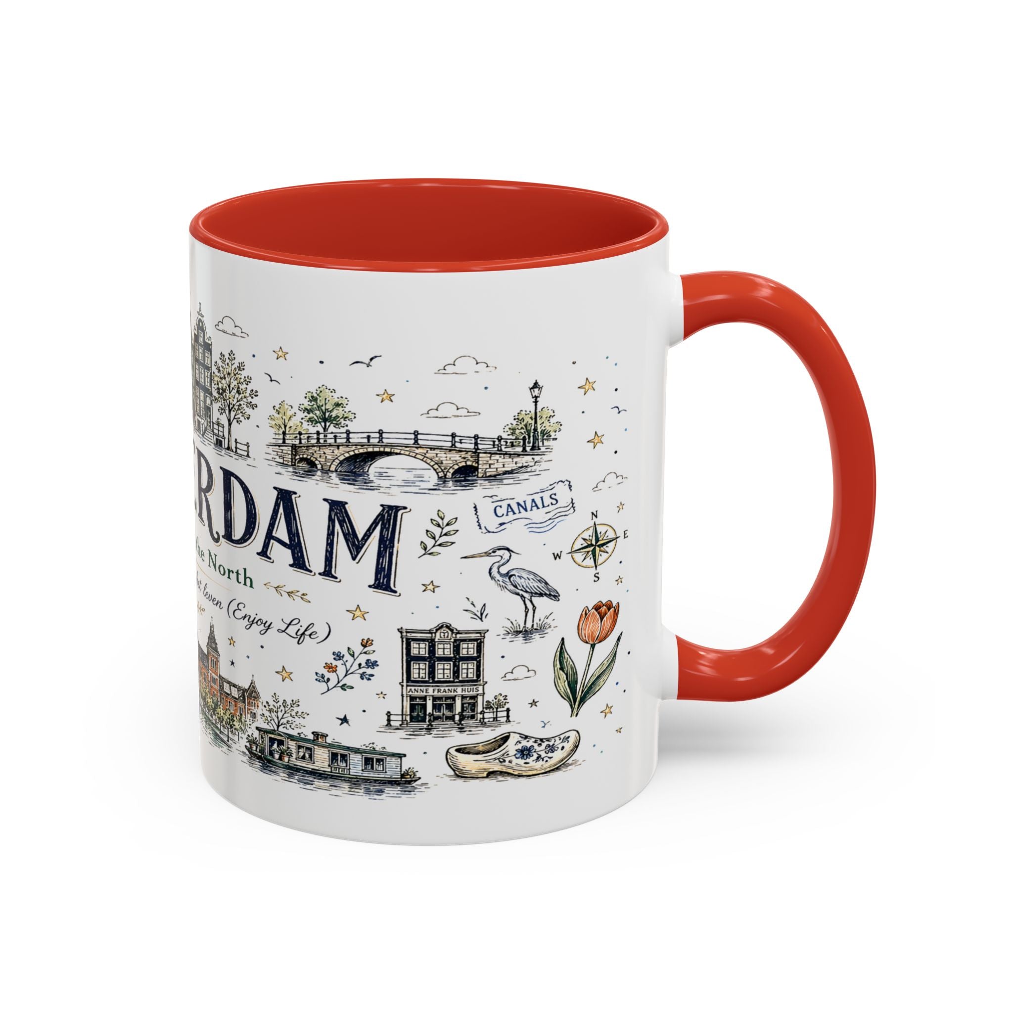 Amsterdam Coffee Mug | Netherlands Souvenir Travel Gift | Accent Color Ceramic 11oz 15oz