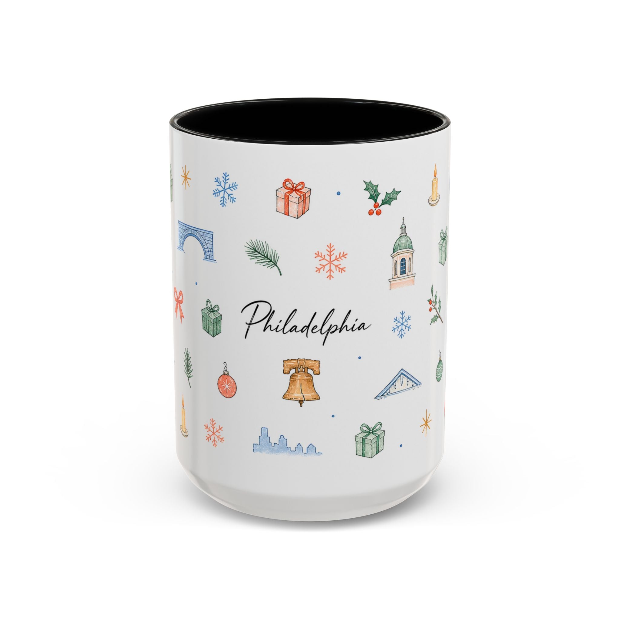 Philadelphia Christmas Mug | Watercolor Travel Souvenir | Holiday Gift | Accent Ceramic Coffee Cup 11oz 15oz
