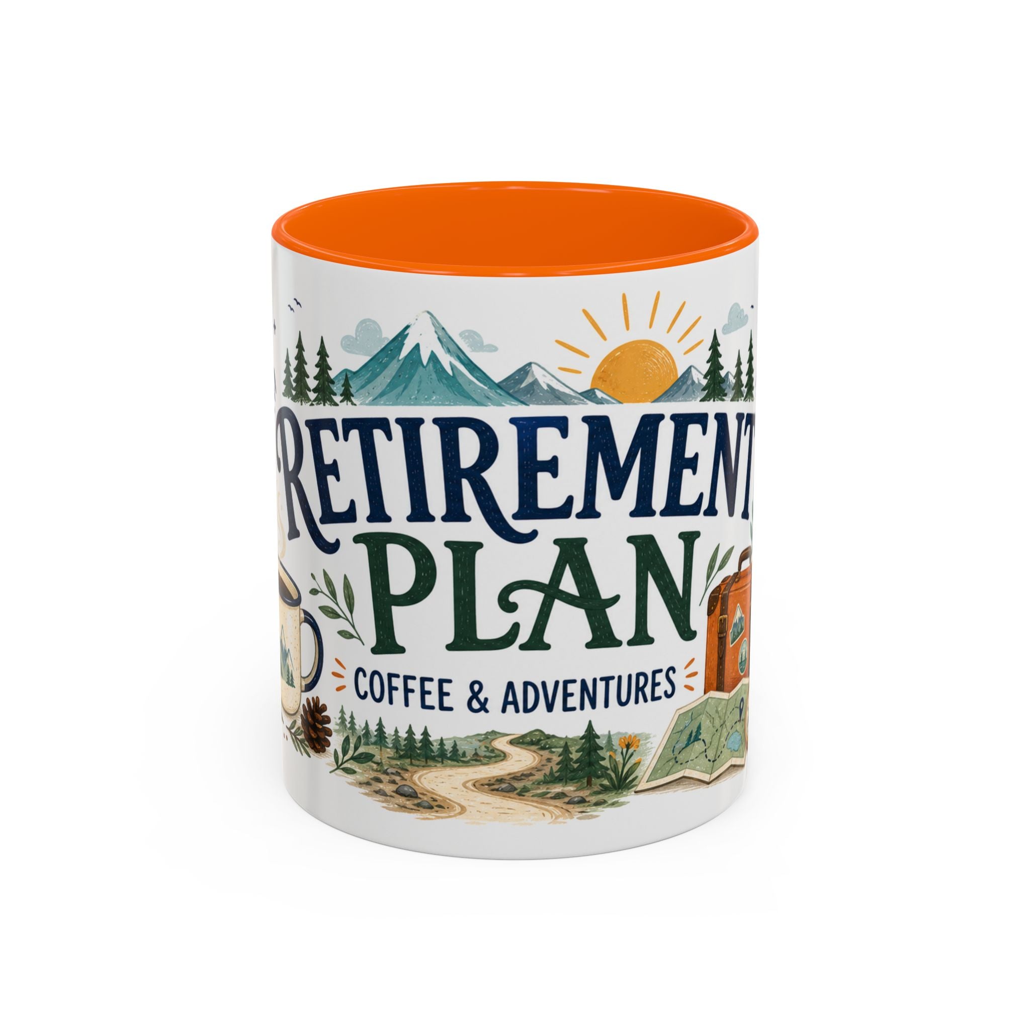 Retirement Plan Coffee And Adventures Mug | Travel Retirement Gift | Accent Color Ceramic 11oz 15oz
