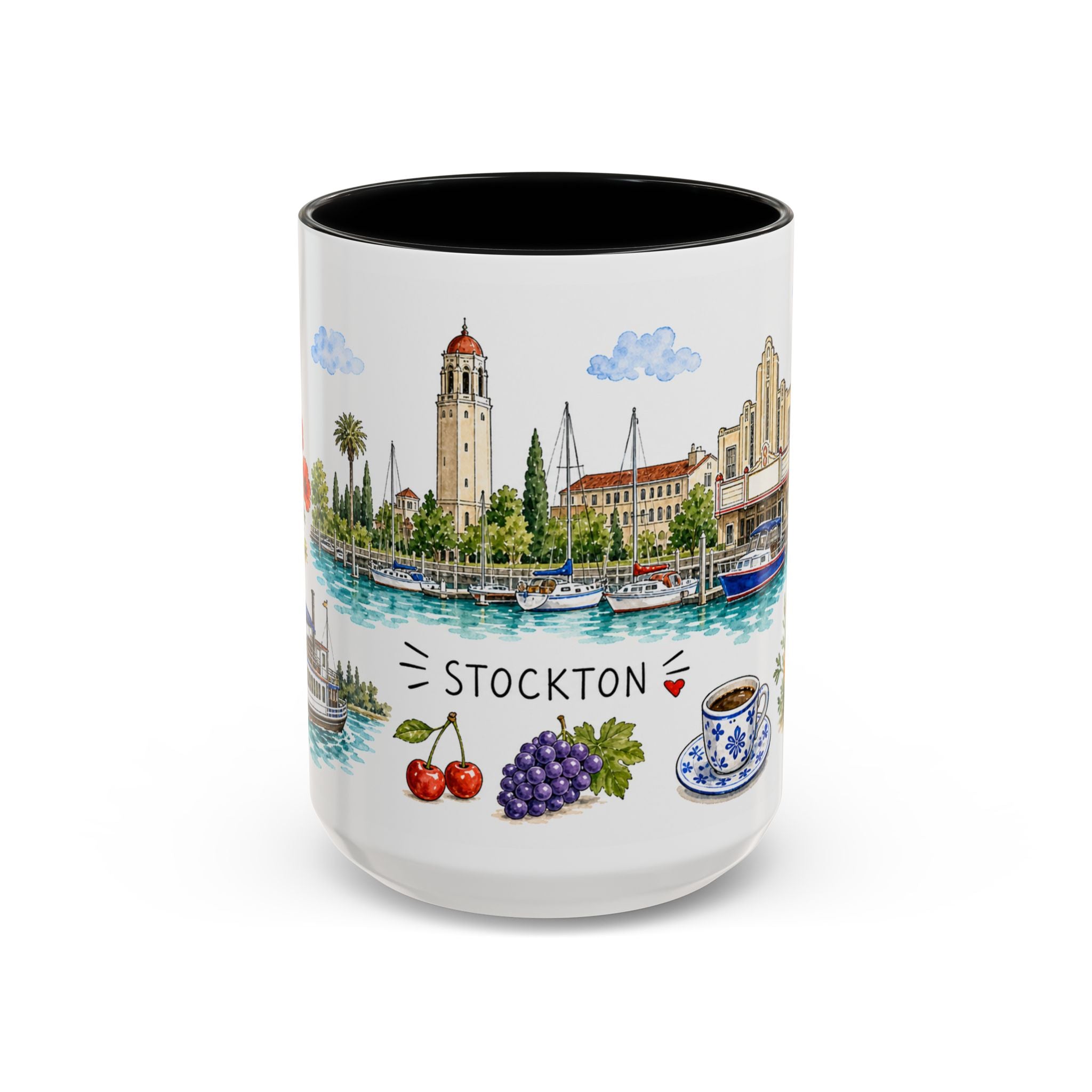 Stockton Illustrated Travel Mug | City Souvenir Accent Coffee Mug | 11oz 15oz Ceramic Cup