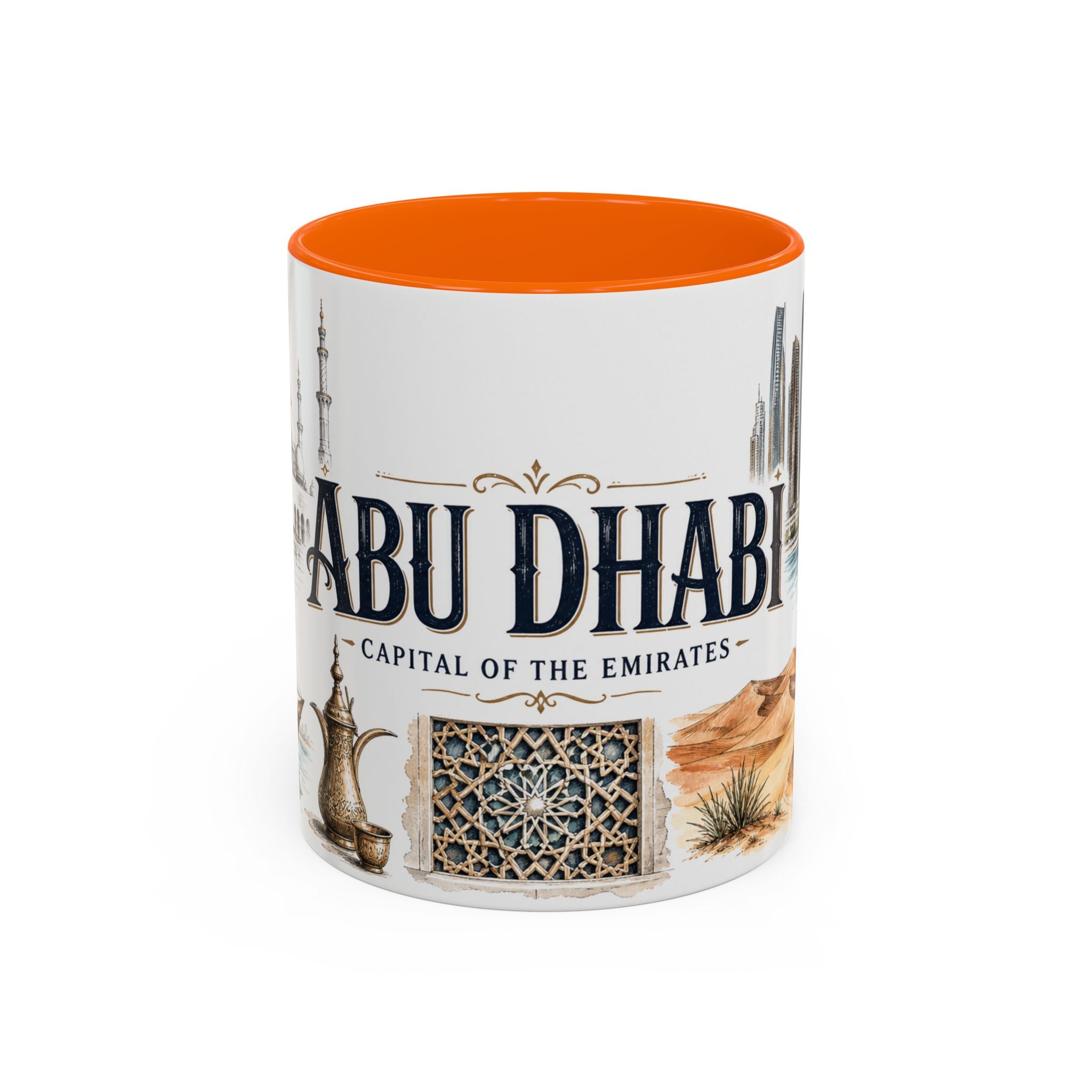 Abu Dhabi Coffee Mug | United Arab Emirates Travel Souvenir | Vintage Illustrated City Gift | 11 oz 15 oz Accent Mug