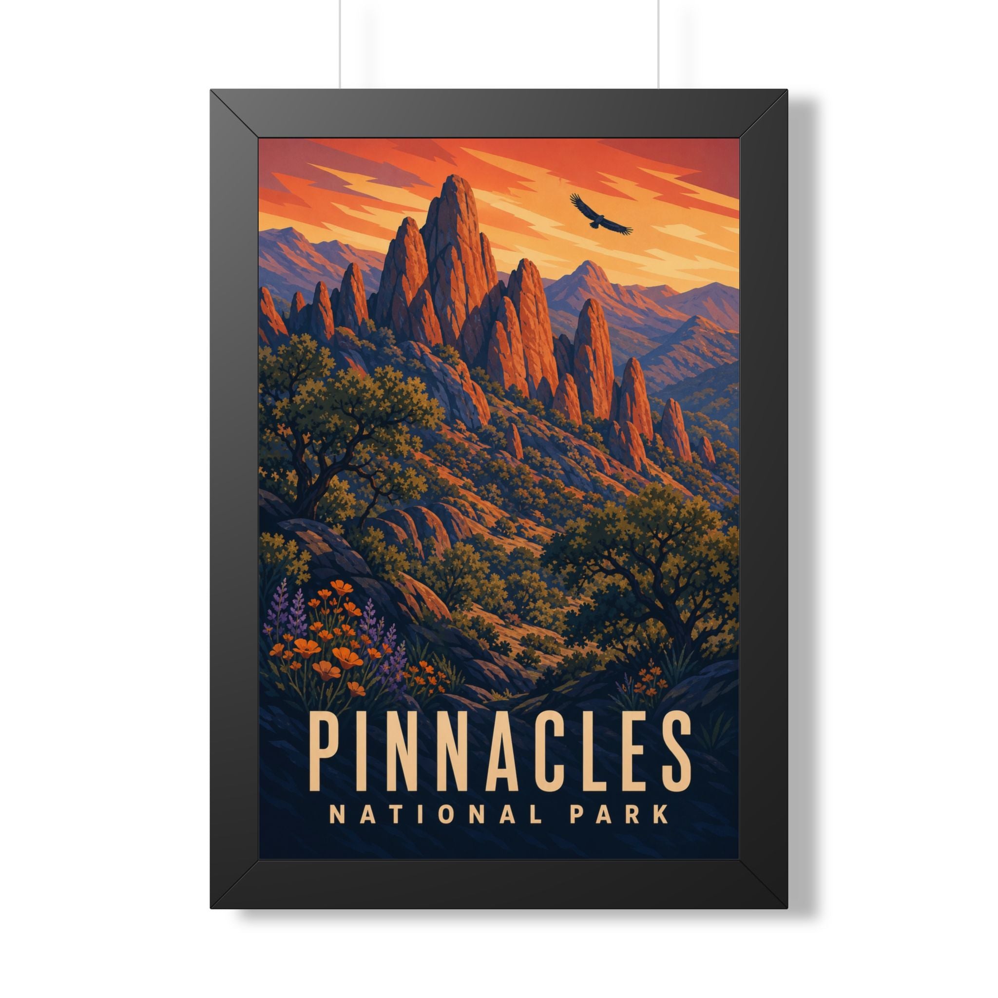 Pinnacles National Park Framed Poster | Vintage Travel Wall Art | Black Walnut White Frame | 16x24 20x30