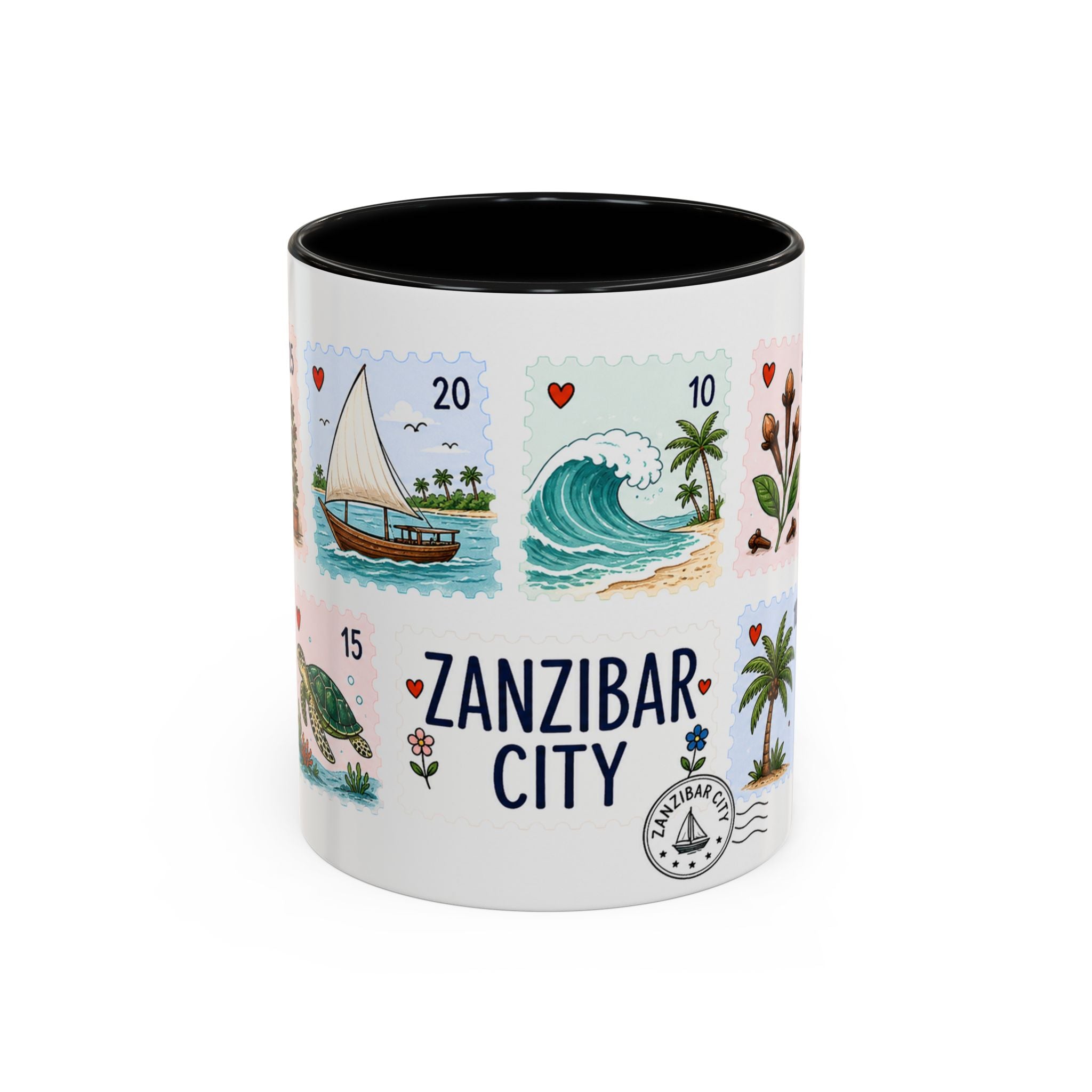 Zanzibar City Coffee Mug | Postage Stamp Collage Mug | Travel Souvenir Accent Cup 11oz 15oz