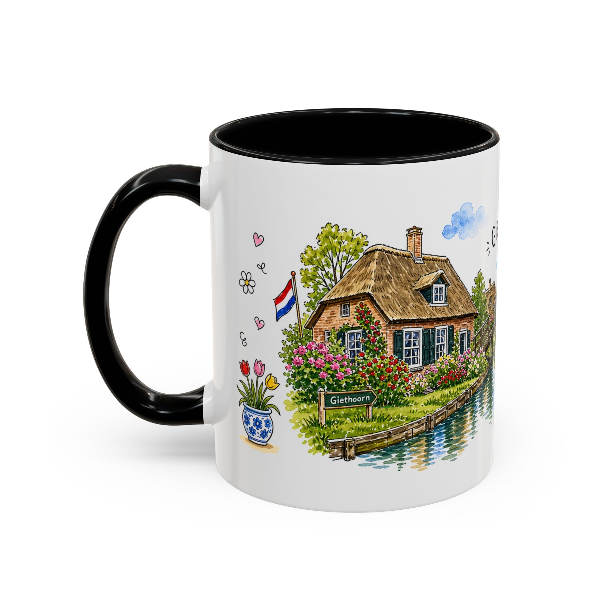 Giethoorn Illustrated Travel Mug | Netherlands Souvenir Accent Coffee Mug | 11oz 15oz Ceramic Cup