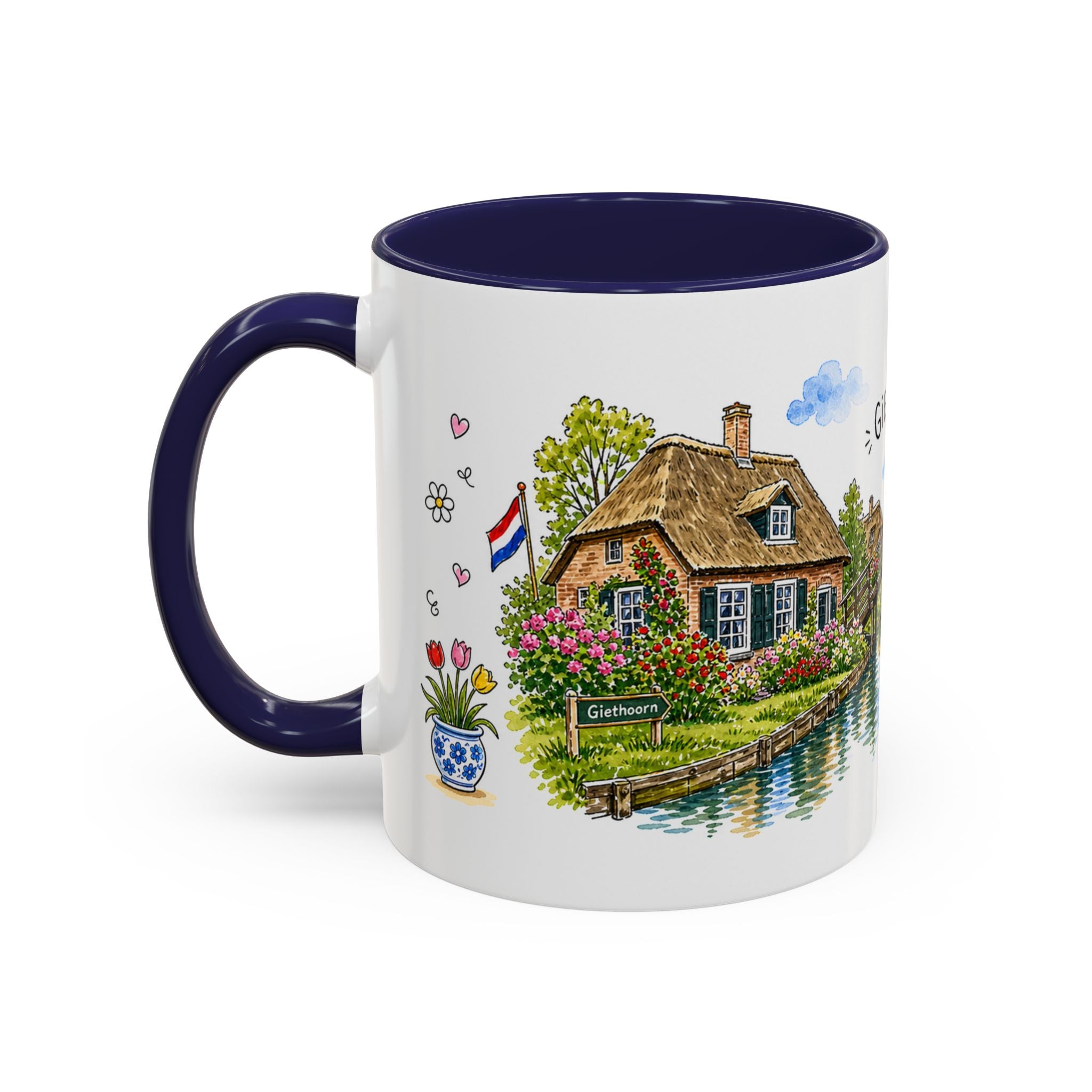 Giethoorn Illustrated Travel Mug | Netherlands Souvenir Accent Coffee Mug | 11oz 15oz Ceramic Cup
