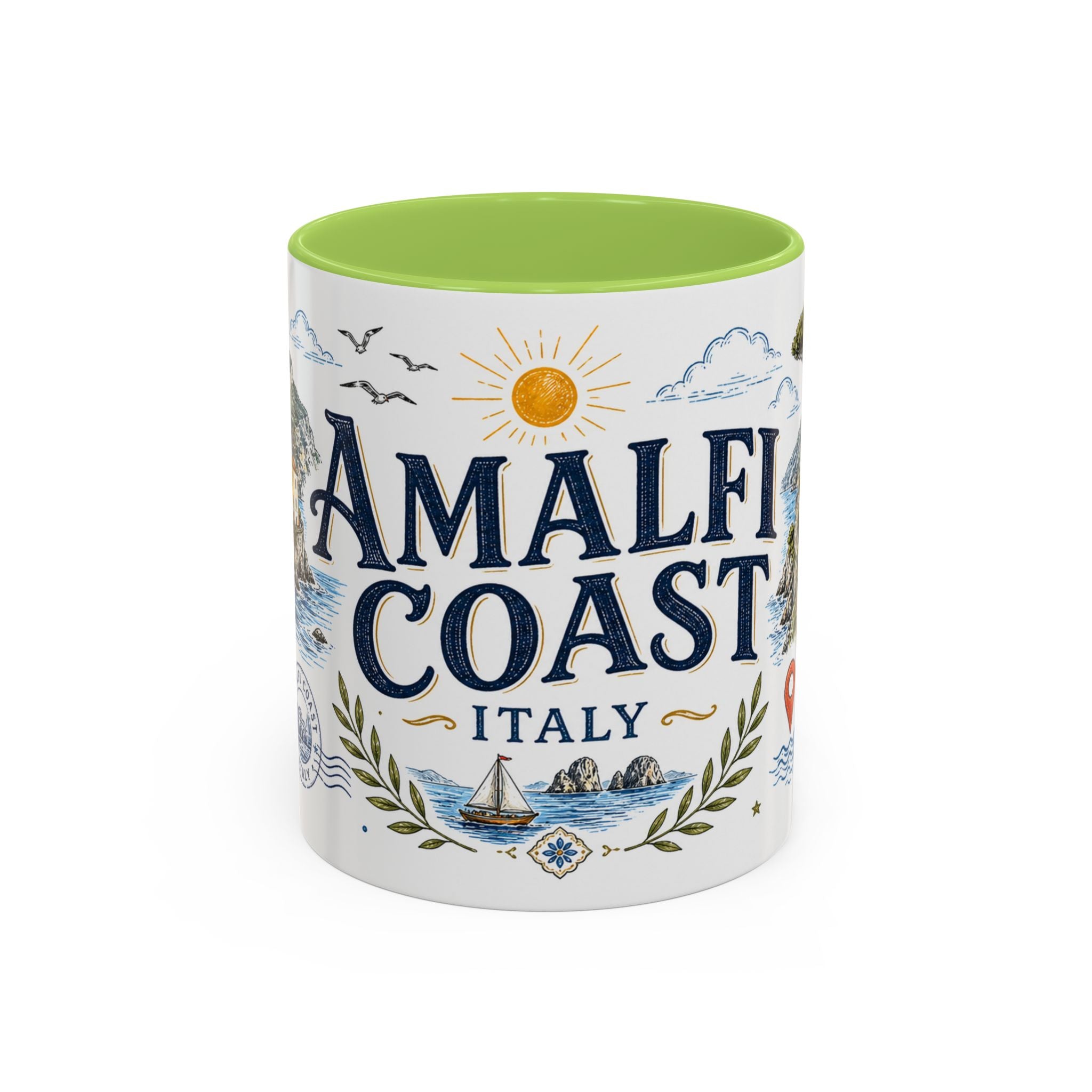 Amalfi Coast Coffee Mug | Travel Destination Souvenir Gift | Accent Color Ceramic 11oz 15oz