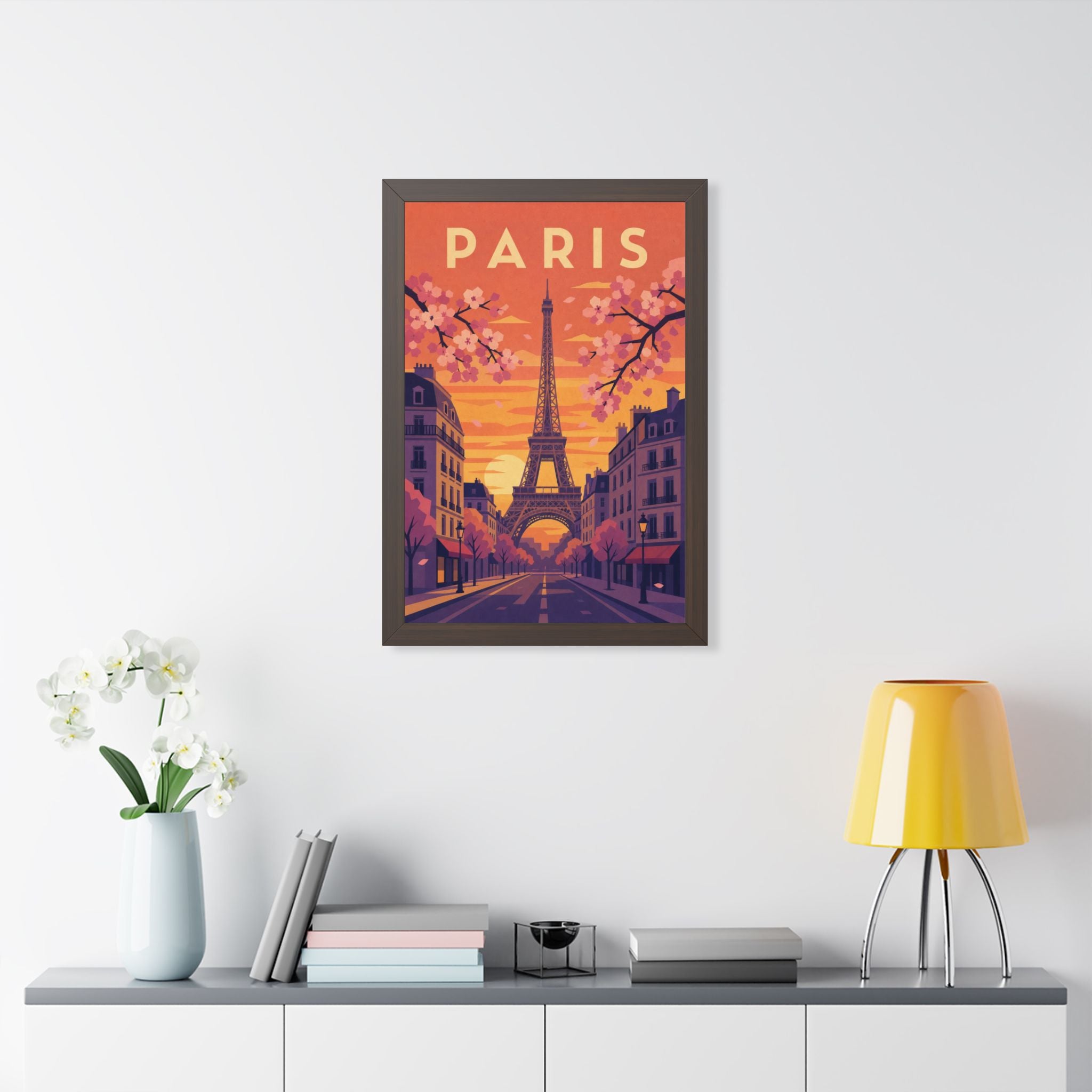 Paris in Spring France Framed Poster | Vintage Travel Wall Art | Black Walnut White Frame | 16x24 20x30