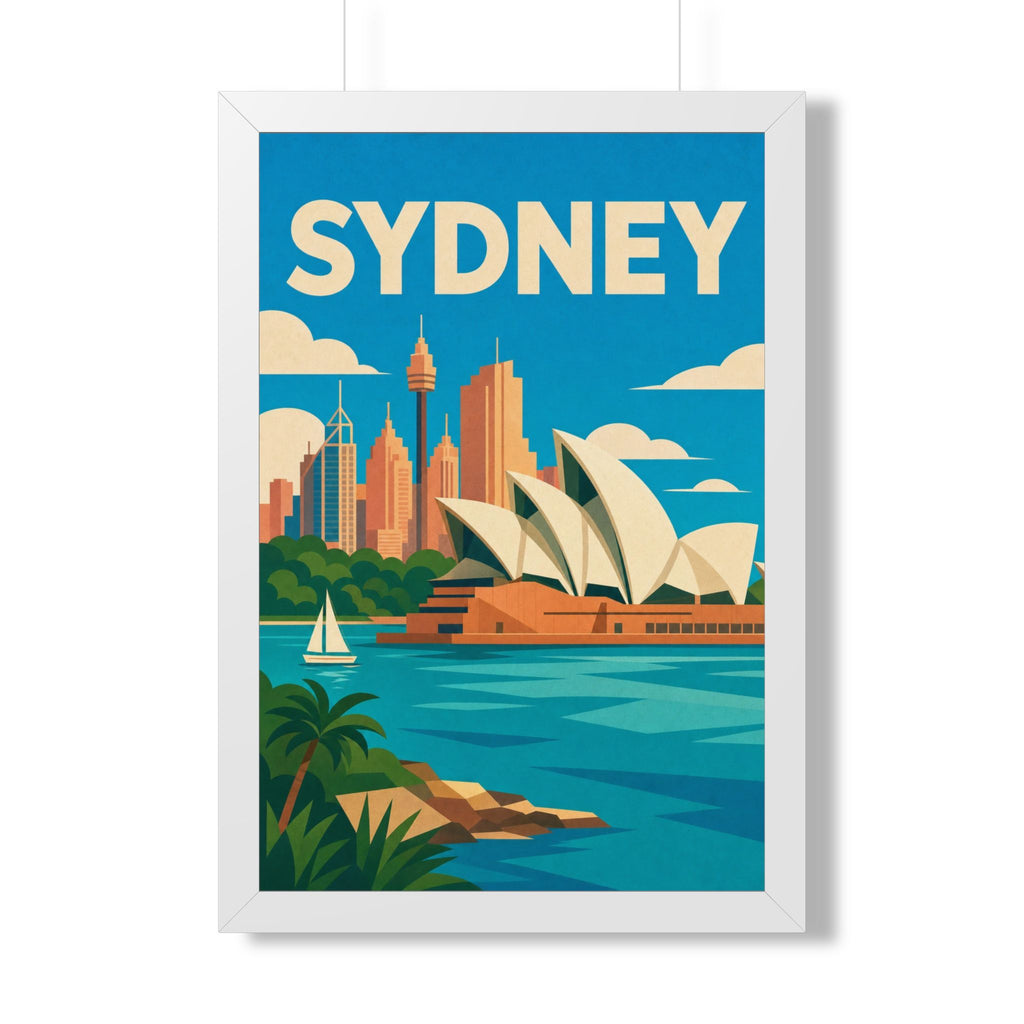 Sydney Opera House Australia Framed Poster | Vintage Travel Wall Art | Black Walnut White Frame | 16x24 20x30