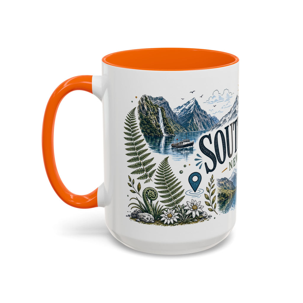 New Zealand South Island Coffee Mug | Travel Destination Souvenir Gift | Accent Color Ceramic 11oz 15oz