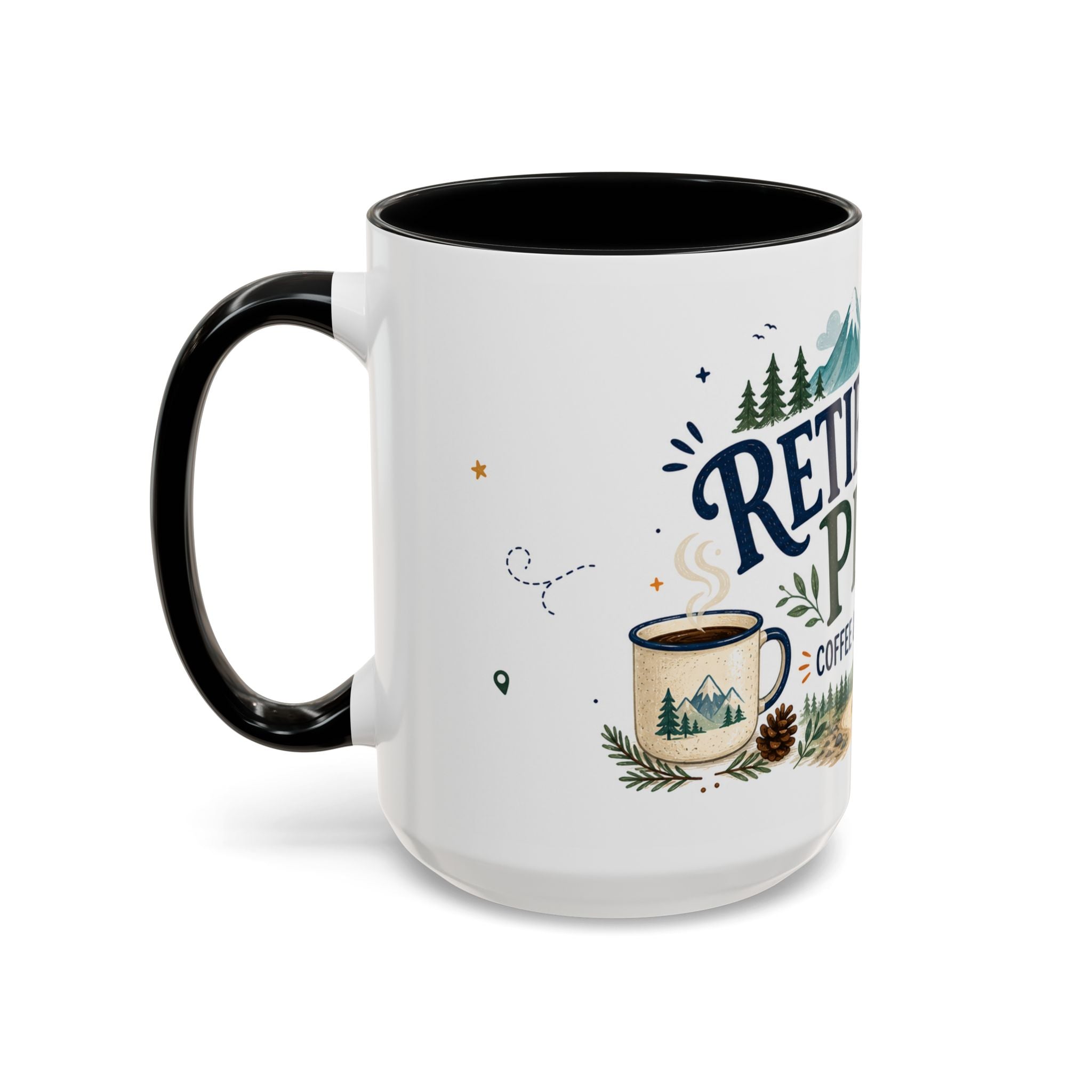 Retirement Plan Coffee And Adventures Mug | Travel Retirement Gift | Accent Color Ceramic 11oz 15oz