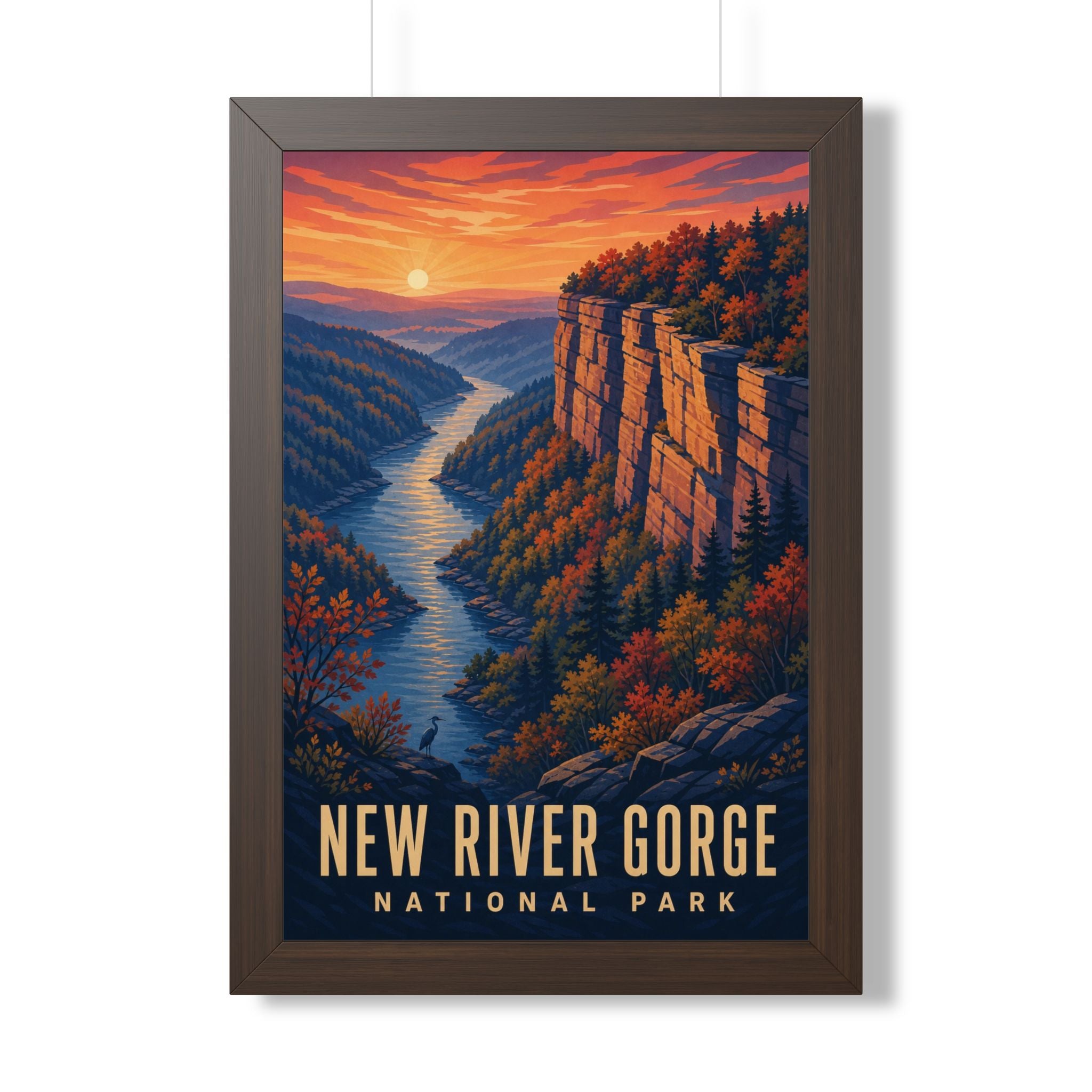 New River Gorge National Park Framed Poster | Vintage Travel Wall Art | Black Walnut White Frame | 16x24 20x30