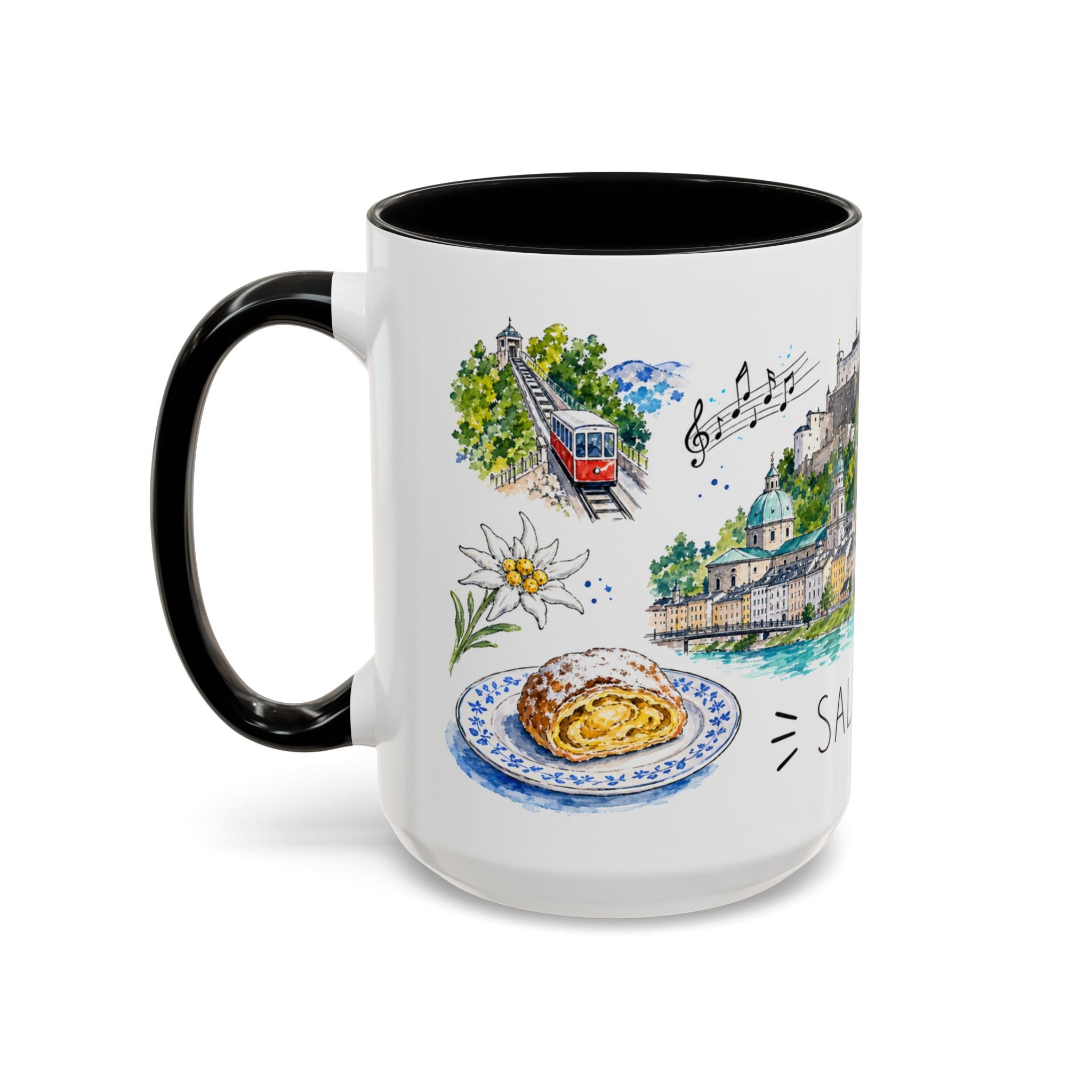 Salzburg Illustrated Travel Mug | City Souvenir Accent Coffee Mug | 11oz 15oz Ceramic Cup