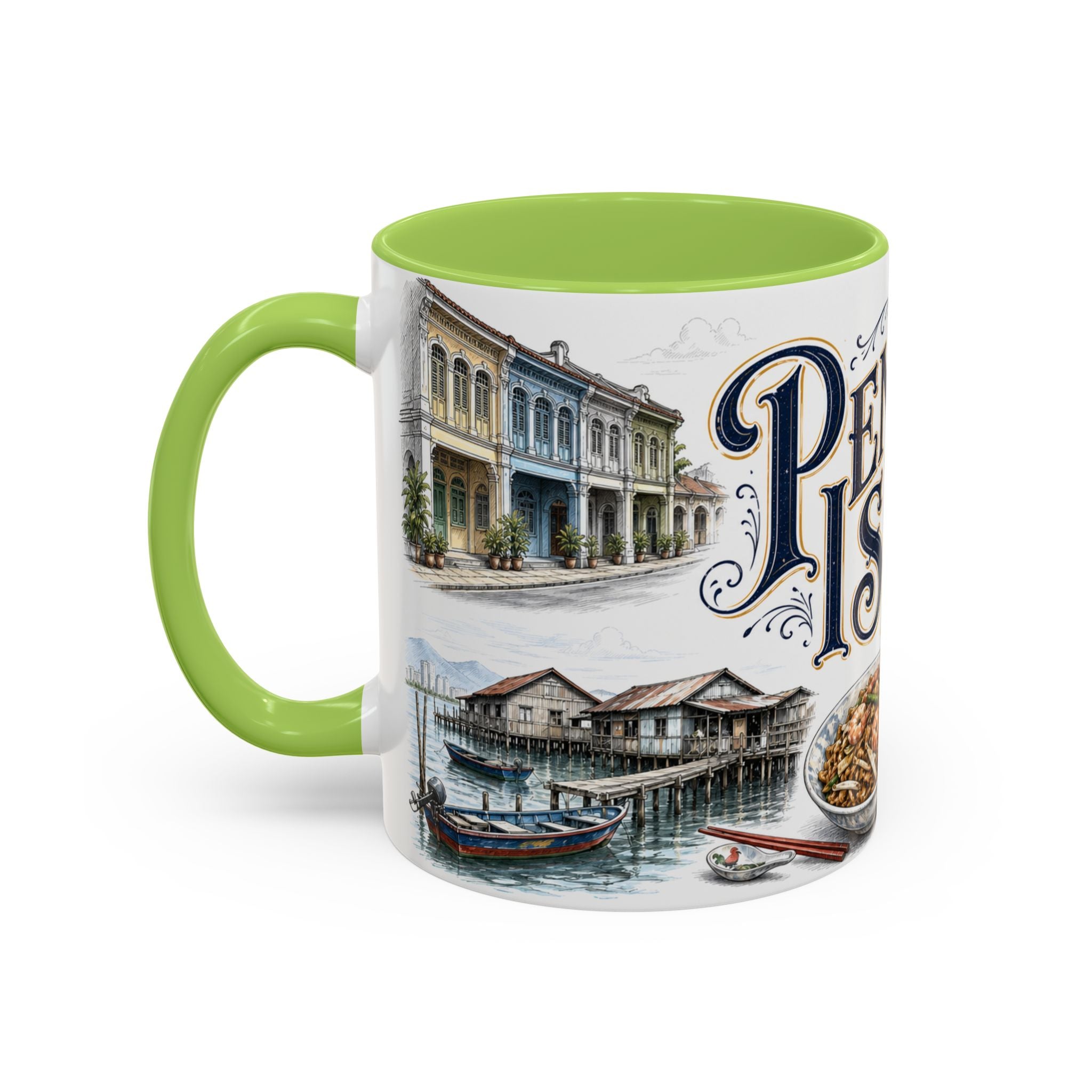 Penang Island Coffee Mug | Malaysia Travel Souvenir | Vintage Illustrated City Gift | 11 oz 15 oz Accent Mug