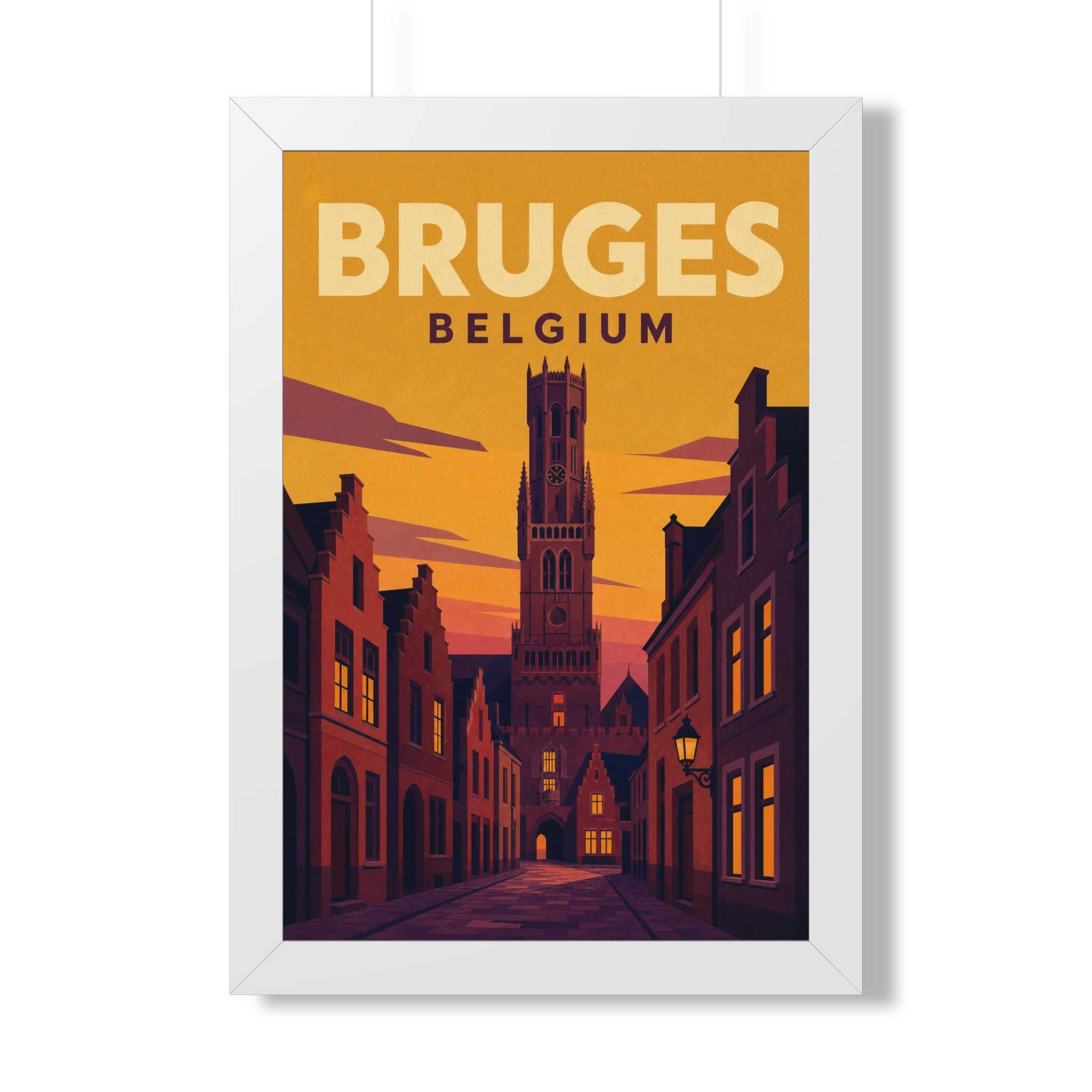 Bruges Belgium Framed Poster | Vintage Travel Wall Art | Black Walnut White Frame | 16x24 20x30