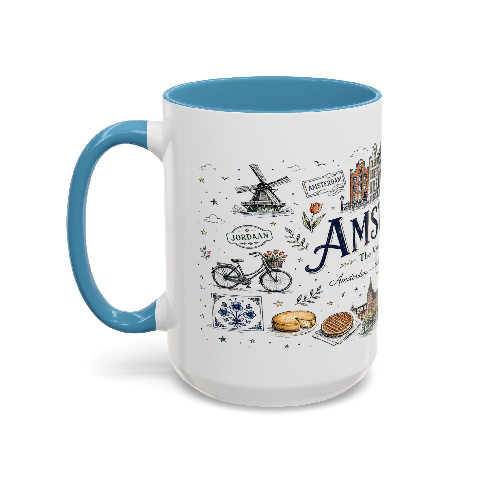 Amsterdam Coffee Mug | Netherlands Souvenir Travel Gift | Accent Color Ceramic 11oz 15oz