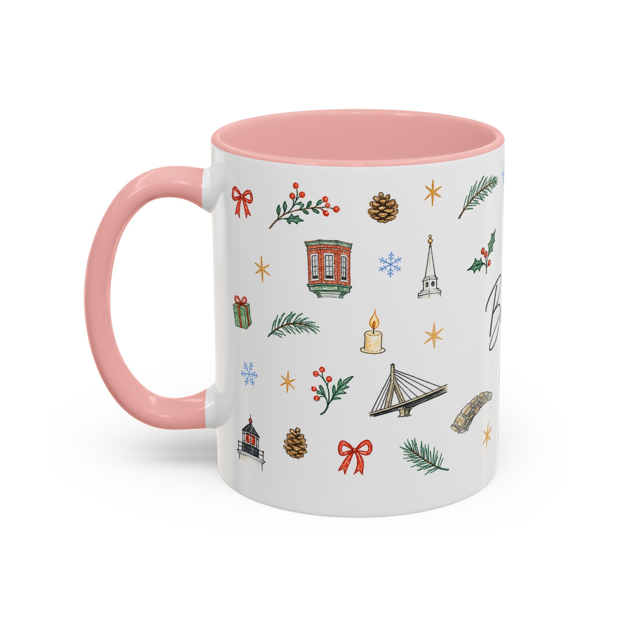 Boston Christmas Mug | Watercolor Travel Souvenir | Holiday Gift | Accent Ceramic Coffee Cup 11oz 15oz