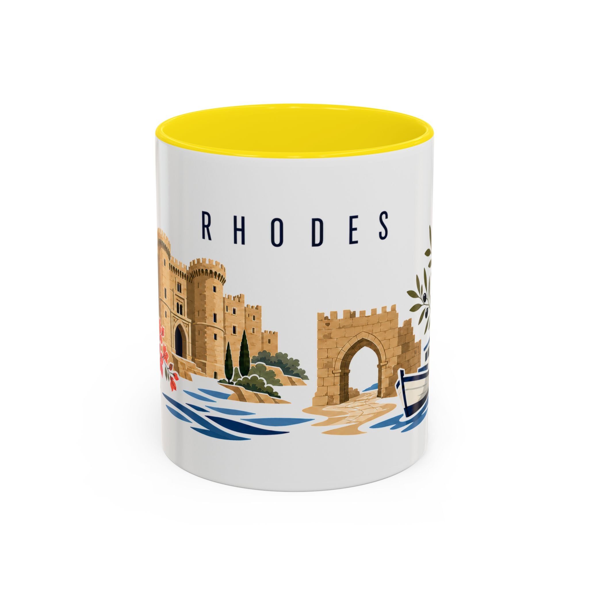Rhodes Coffee Mug | Greece Travel Souvenir | Porcelain Decal City Gift | 11oz 15oz Accent Mug