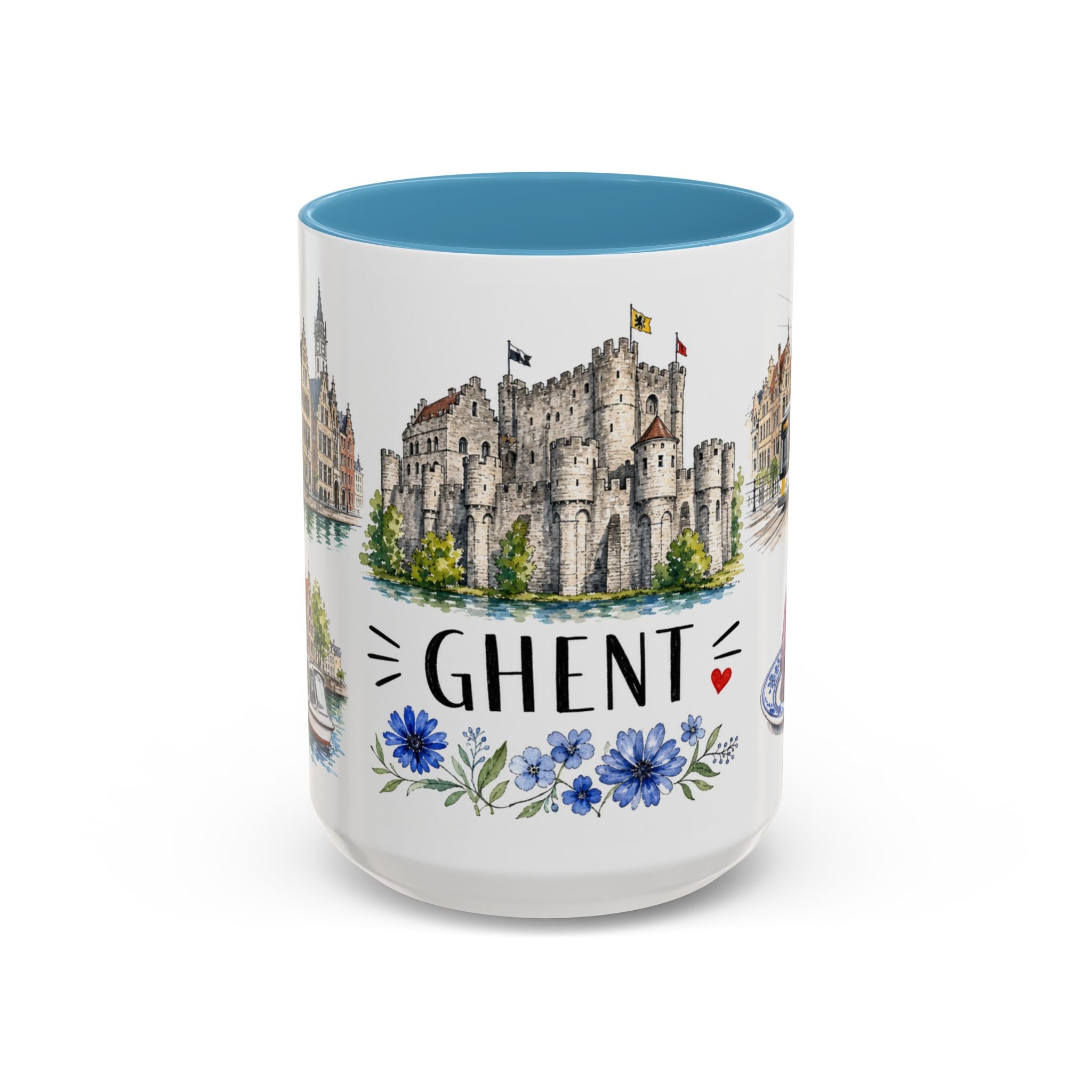 Ghent Illustrated Travel Mug | City Souvenir Accent Coffee Mug | 11oz 15oz Ceramic Cup