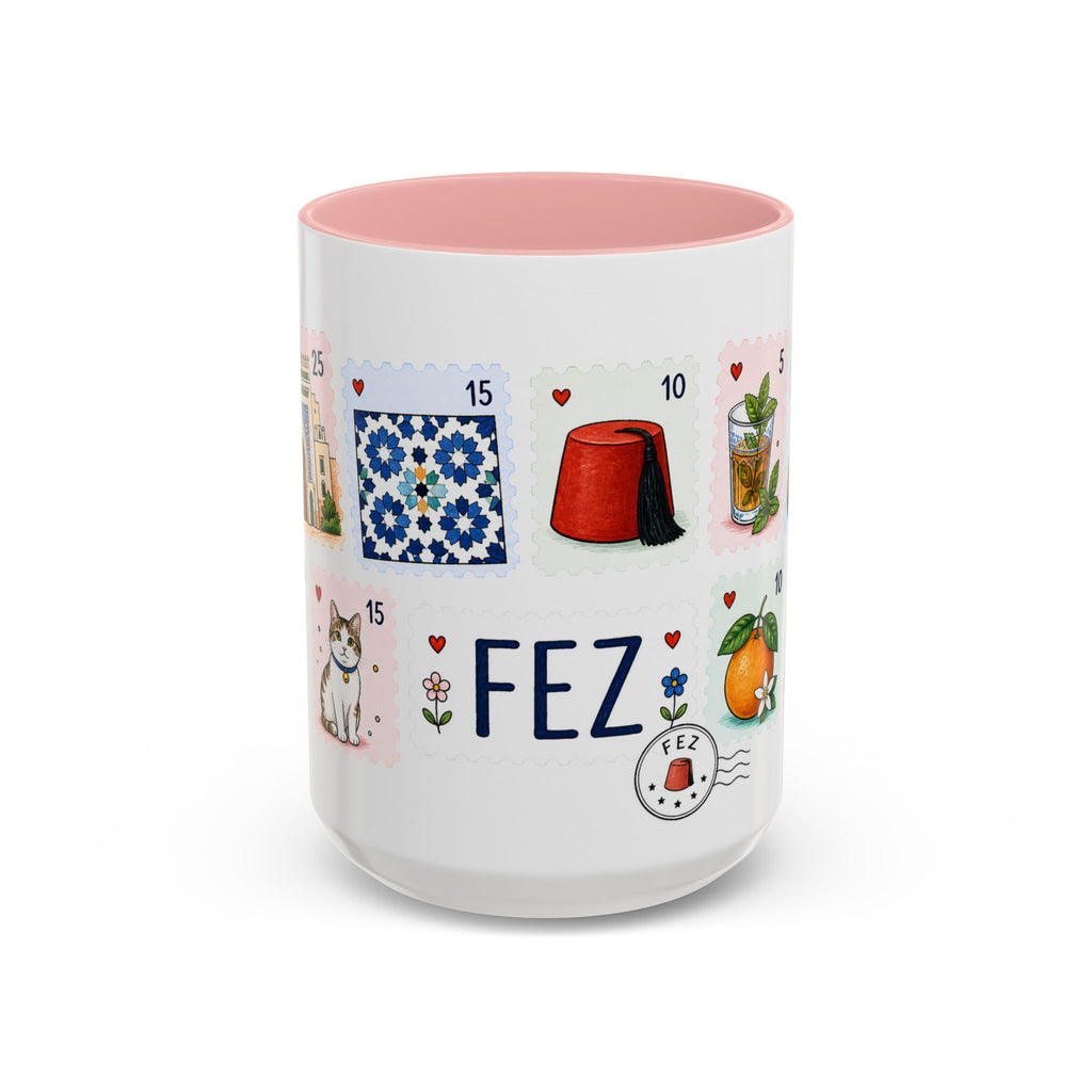 Fez Coffee Mug | Postage Stamp Collage Mug | Travel Souvenir Accent Cup 11oz 15oz