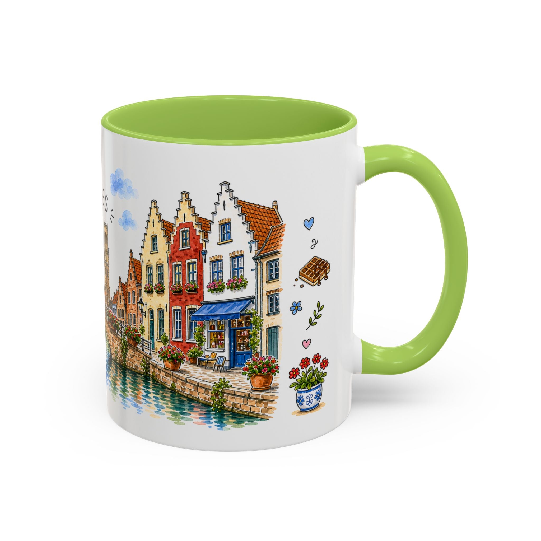 Bruges Illustrated Travel Mug | Belgium Souvenir Accent Coffee Mug | 11oz 15oz Ceramic Cup