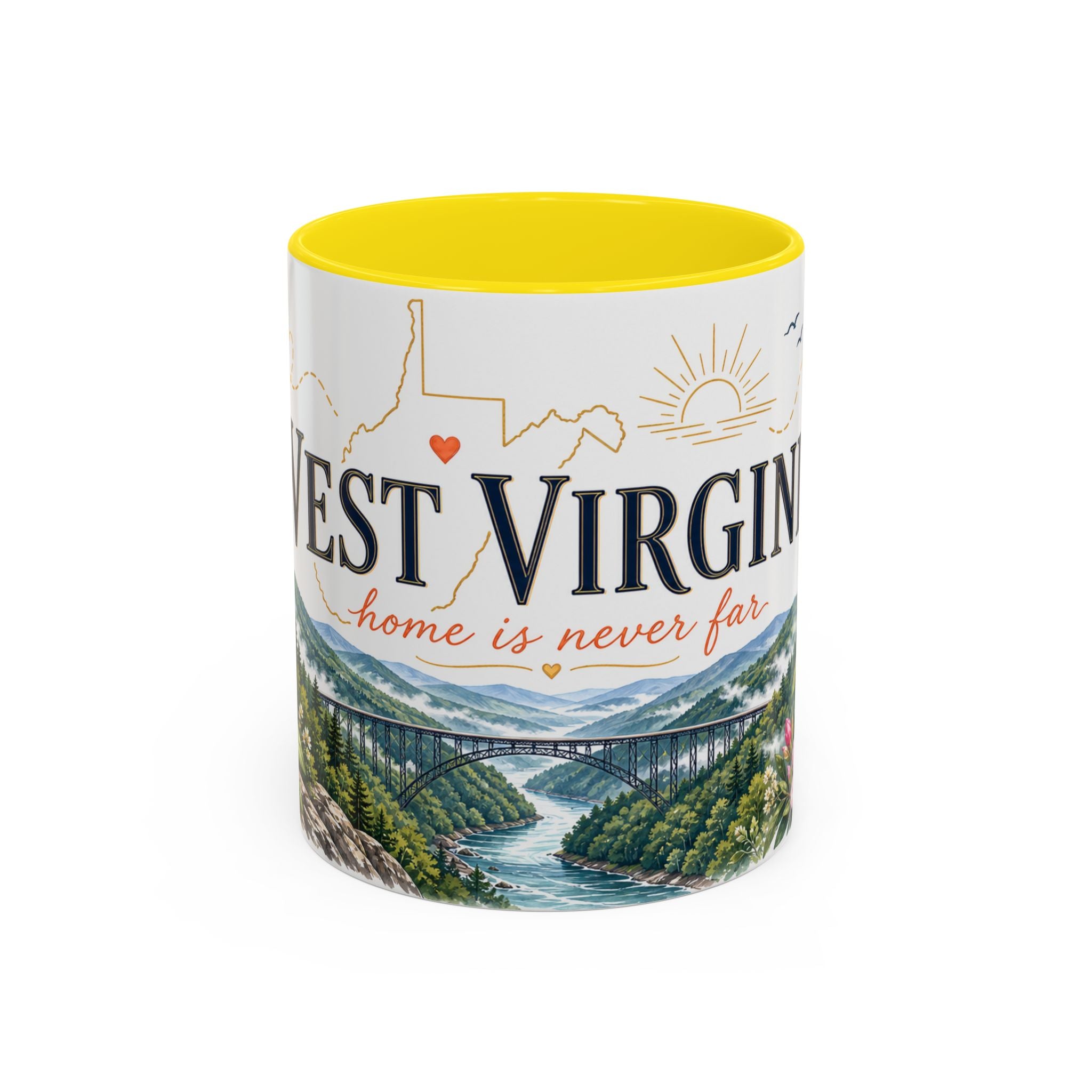West Virginia State Map Mug | Appalachian Bridge, Rhododendron Accent Coffee Cup