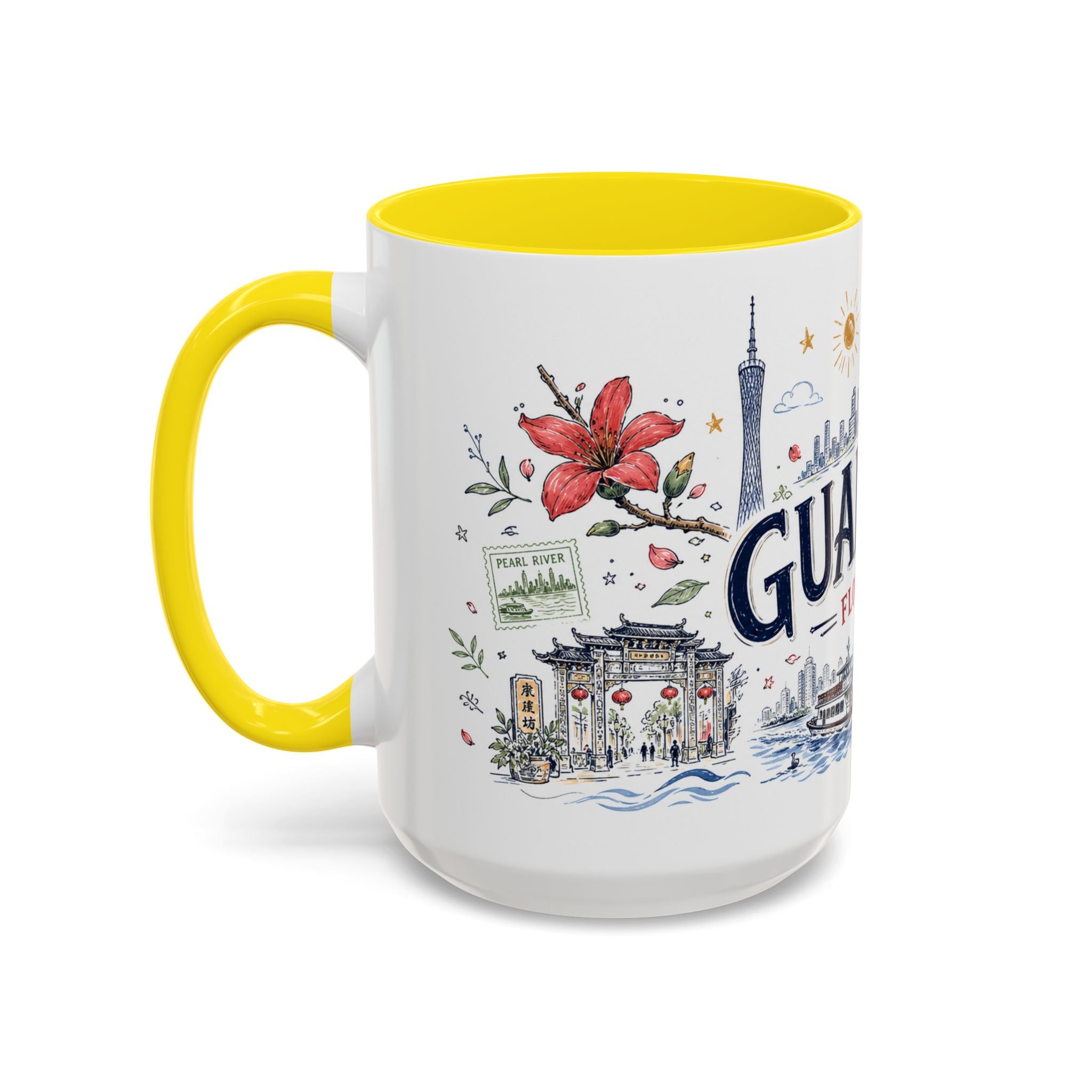 Guangzhou Coffee Mug | China Souvenir Travel Gift | Accent Color Ceramic 11oz 15oz