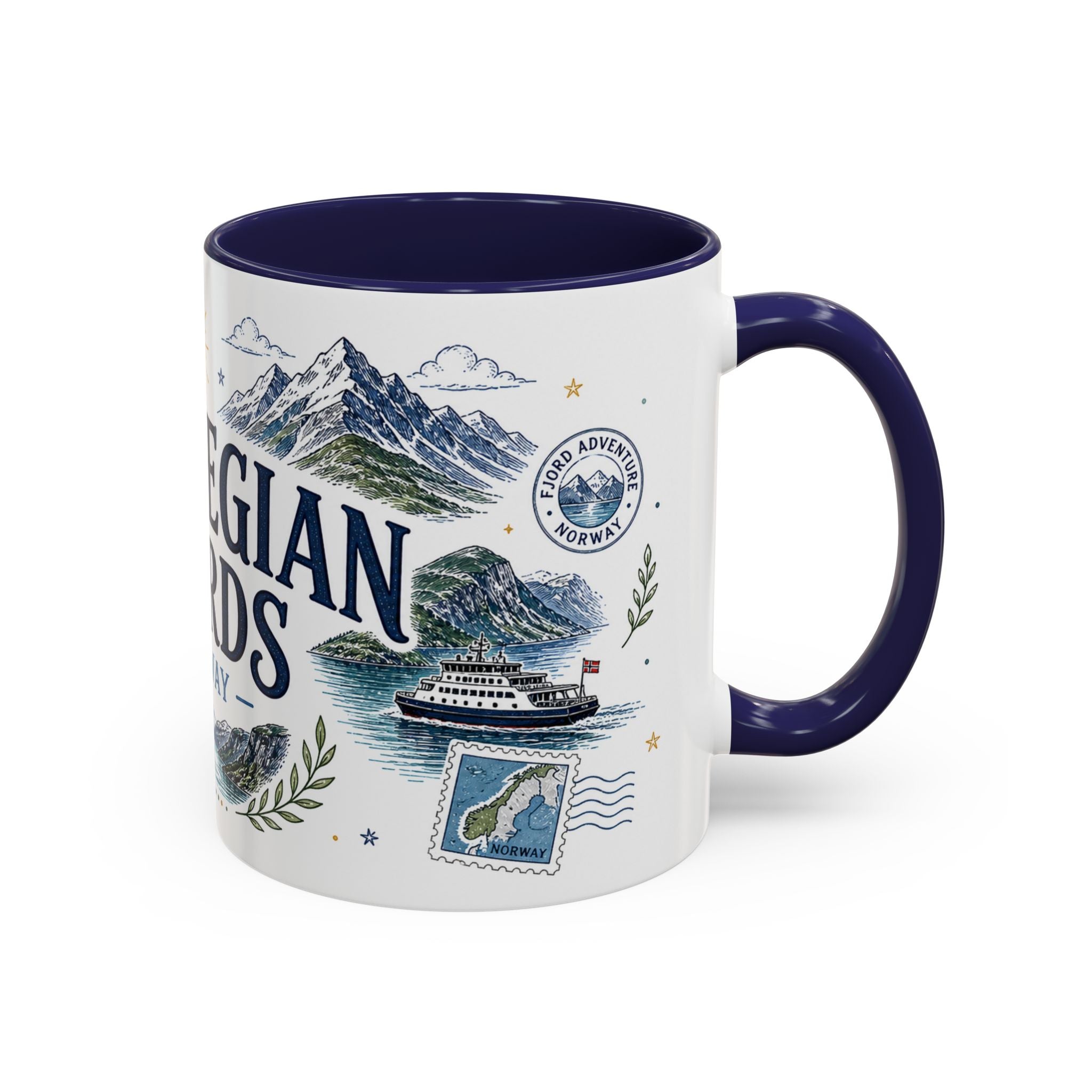Norwegian Fjords Coffee Mug | Travel Destination Souvenir Gift | Accent Color Ceramic 11oz 15oz