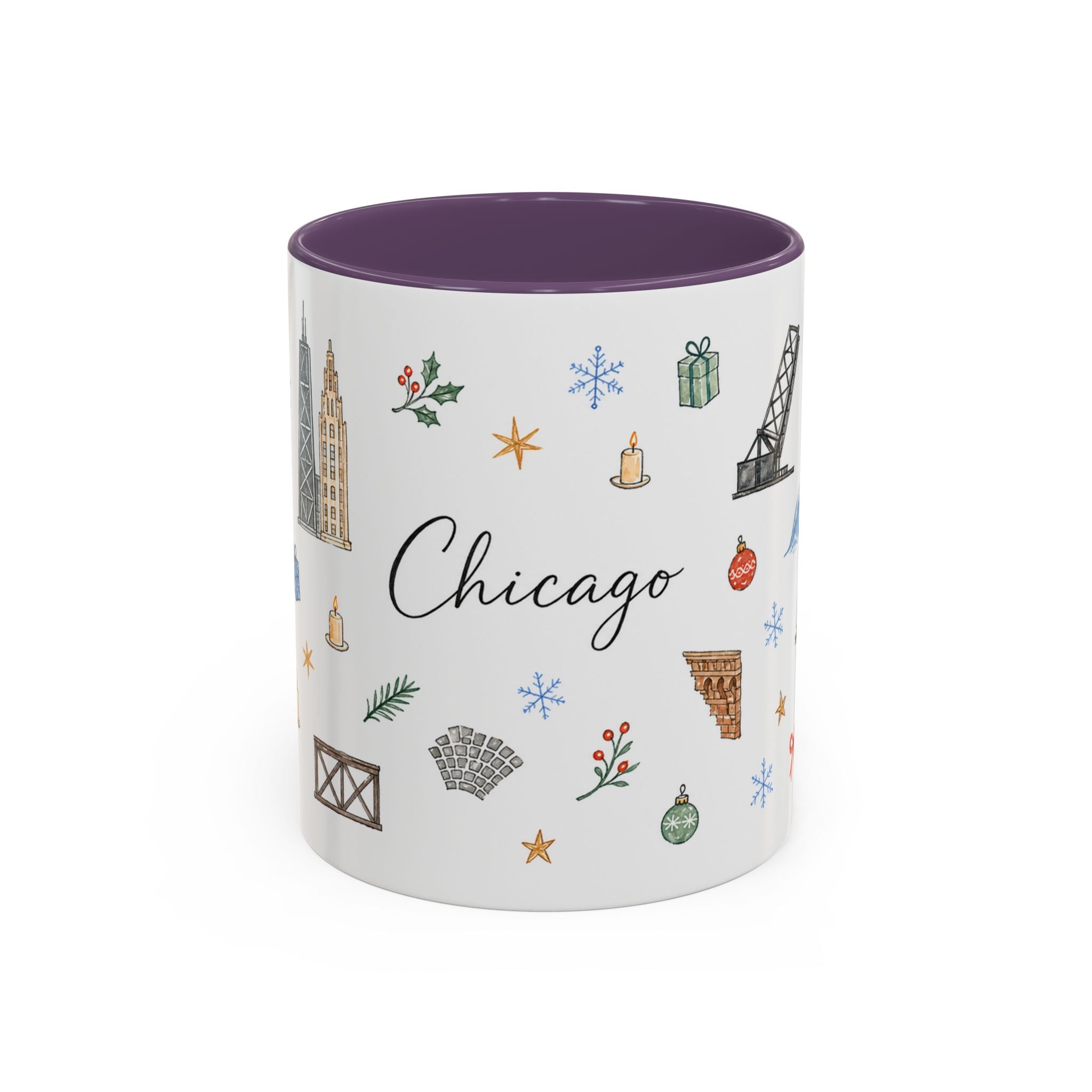 Chicago Christmas Mug | Watercolor Travel Souvenir | Holiday Gift | Accent Ceramic Coffee Cup 11oz 15oz