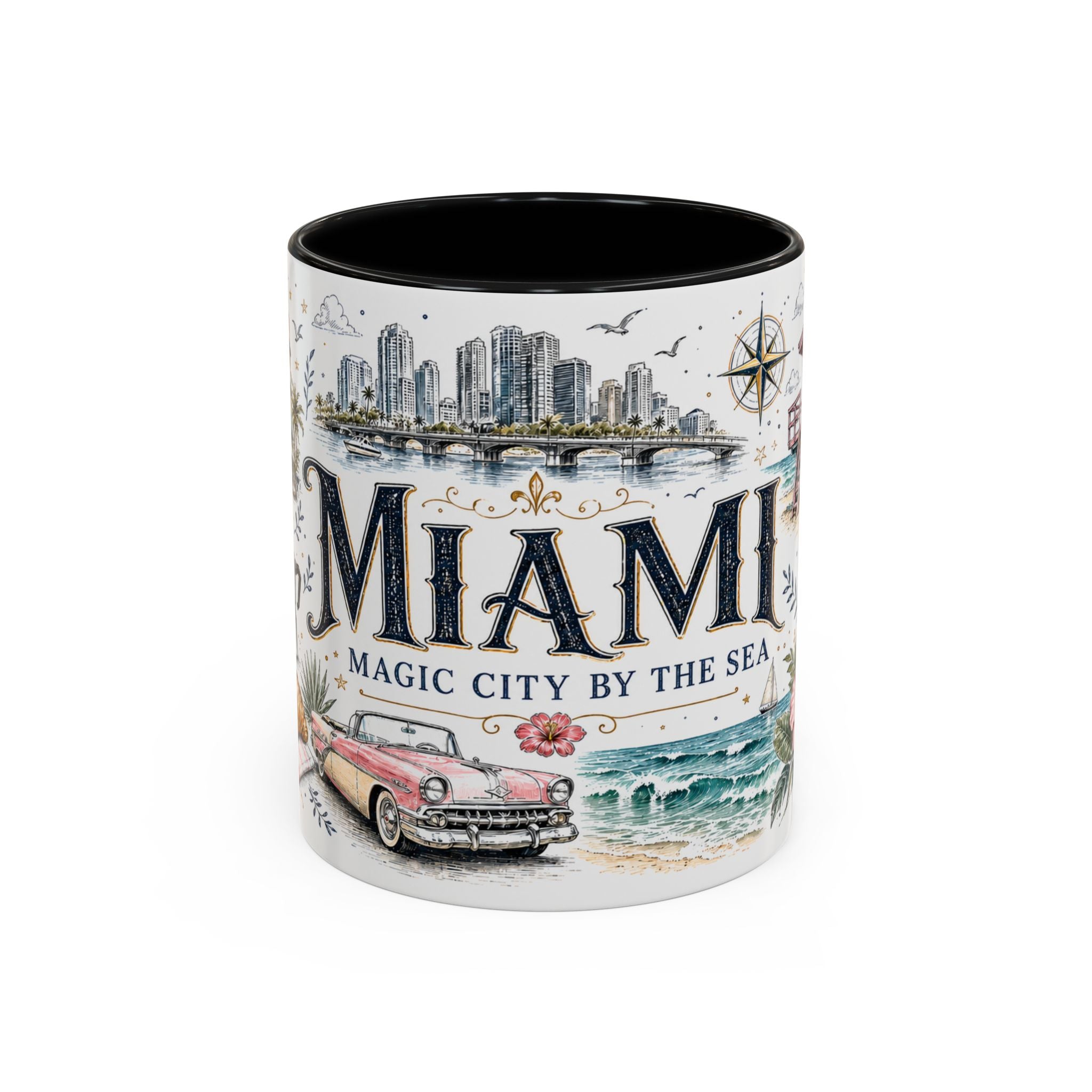 Miami Coffee Mug | United States Travel Souvenir | Vintage Illustrated City Gift | 11 oz 15 oz Accent Mug