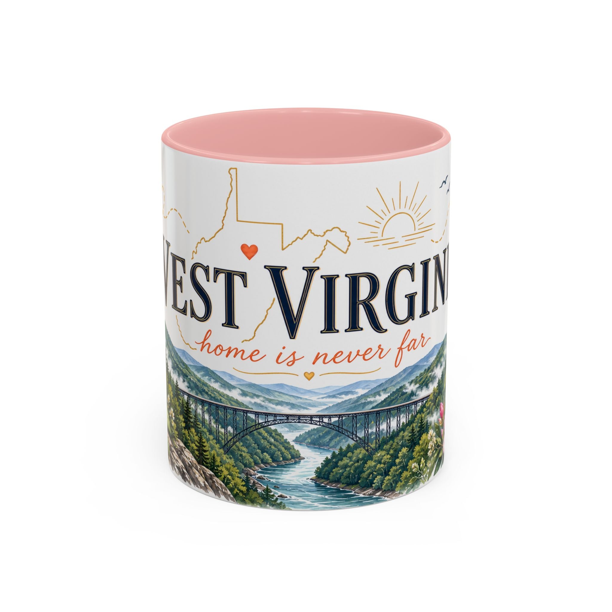 West Virginia State Map Mug | Appalachian Bridge, Rhododendron Accent Coffee Cup