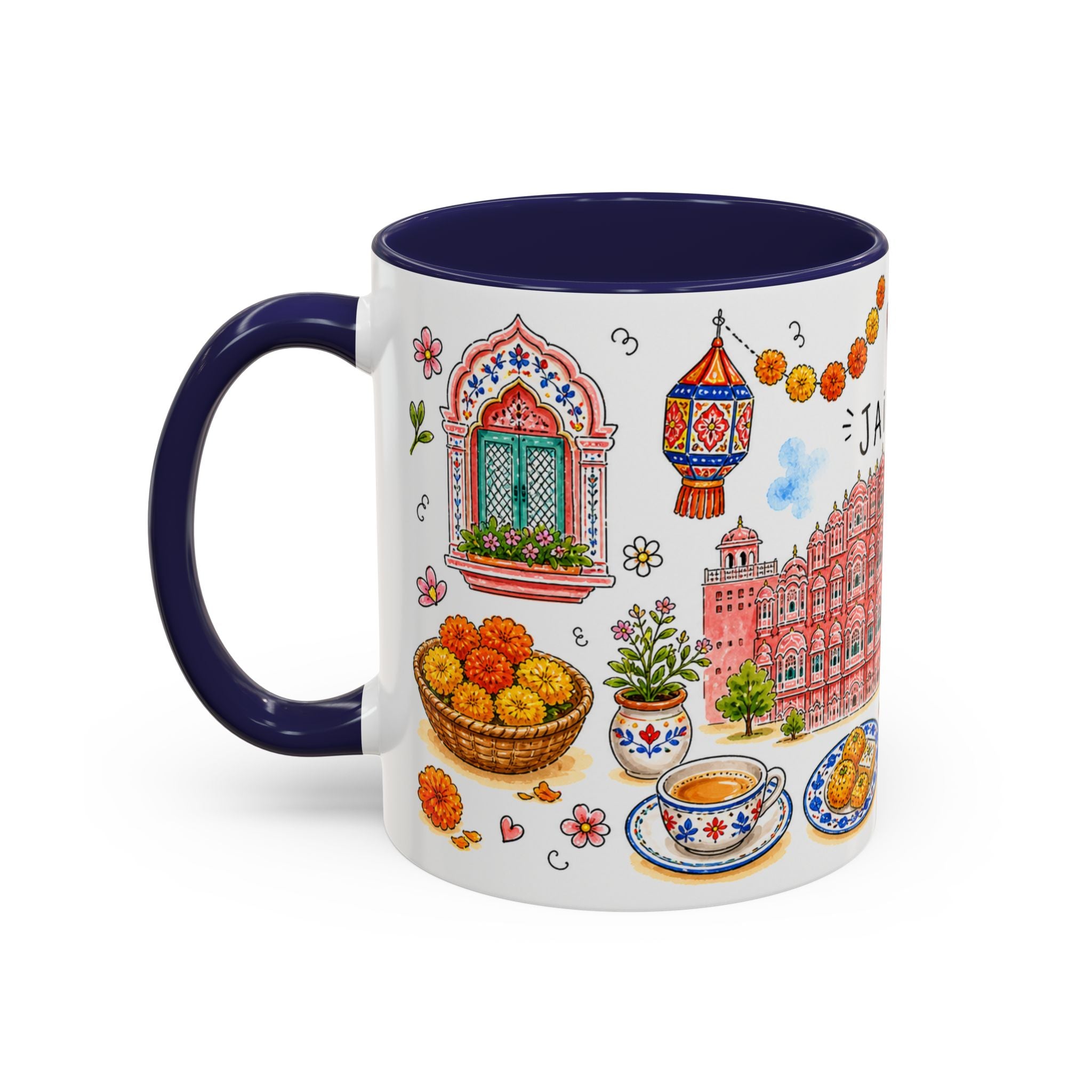 Jaipur Illustrated Travel Mug | City Souvenir Accent Coffee Mug | 11oz 15oz Ceramic Cup