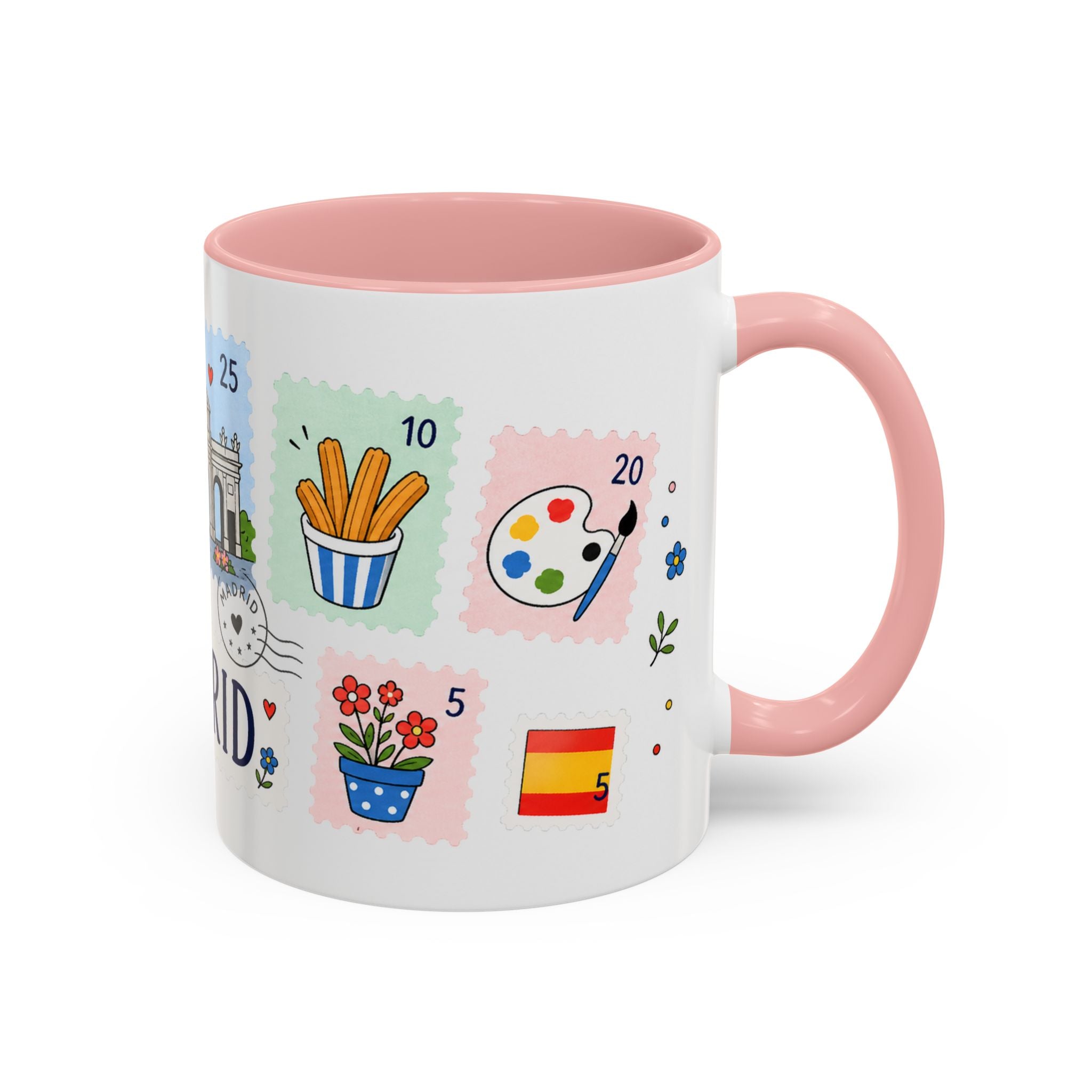 Madrid Coffee Mug | Postage Stamp Collage Mug | Travel Souvenir Accent Cup 11oz 15oz