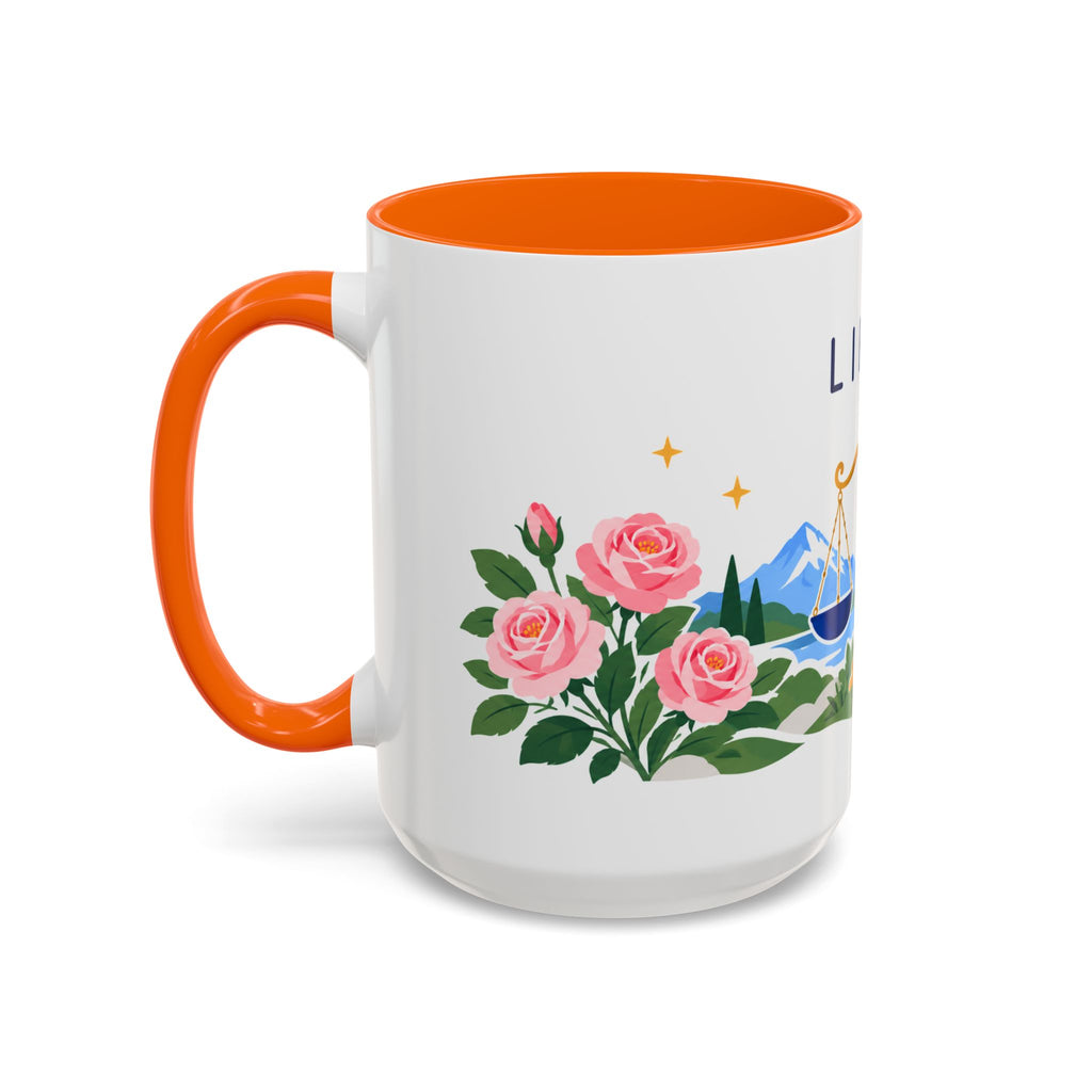 Libra Zodiac Coffee Mug | Scales and Rose Design | Astrology Birthday Gift | 11 oz 15 oz Ceramic Accent Mug